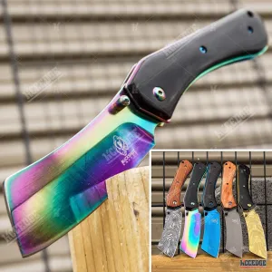 KCCEDGE BEST CUTLERY SOURCE EDC Pocket Knife Camping Accessories Razor Sharp Edge Cleaver Blade Folding Knife for Camping Gear Survival Kit 58649 (Black Rainbow)