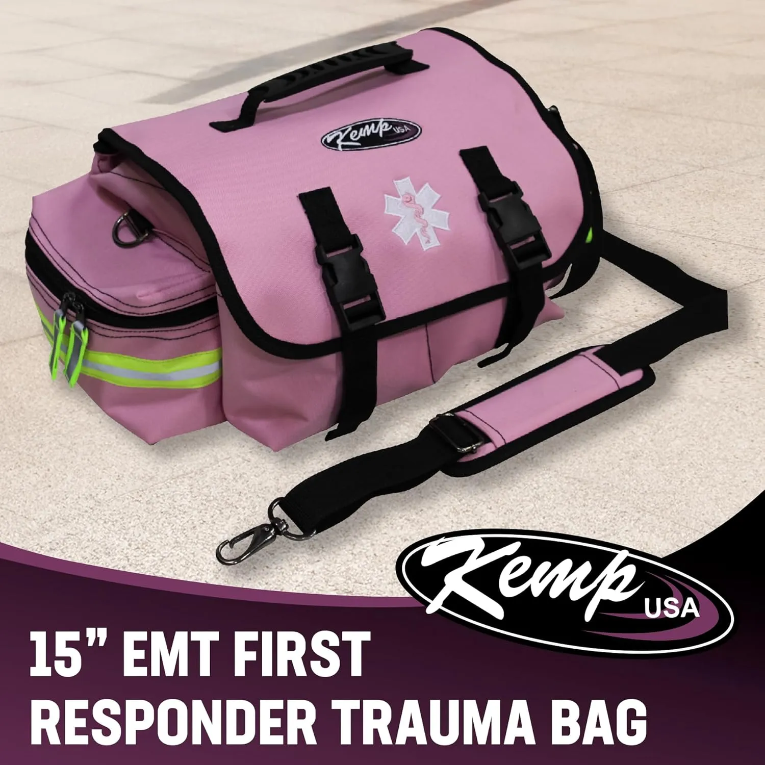 Kemp USA EMT First Responders Trauma Bag - First Aid Kit & Survival Gear with High Visibility Reflectors for Rapid First Aid & Medical Response Survival Tools Organizer - Pink