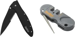 Kershaw Leek Black Serrated EDC Pocketknife, 3" Sandvik 14C28N Steel Blade, Assisted Opening Folding Knife & Smith's PP1 Pocket Pal Knife Sharpener Preset Carbide & Ceramic Stone Sharpeners