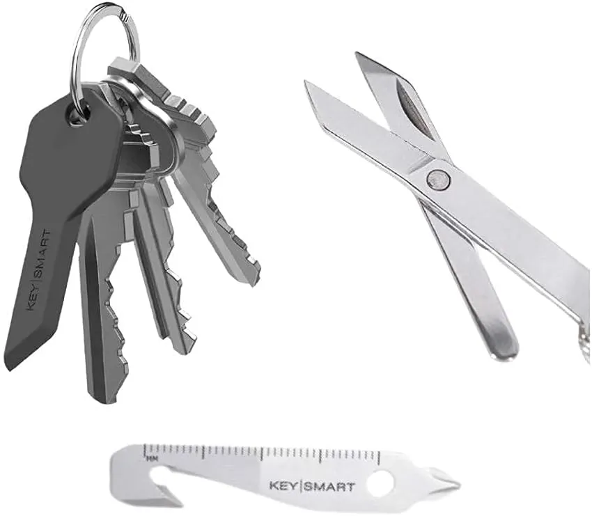 KeySmart MultiTool - 5-in-1 Multi-Purpose Keychain Tool Bundle with Safe Box Cutter - Safe Package Opener with Finger Protection and NanoScissors - Mini Portable Foldable Keychain Scissors