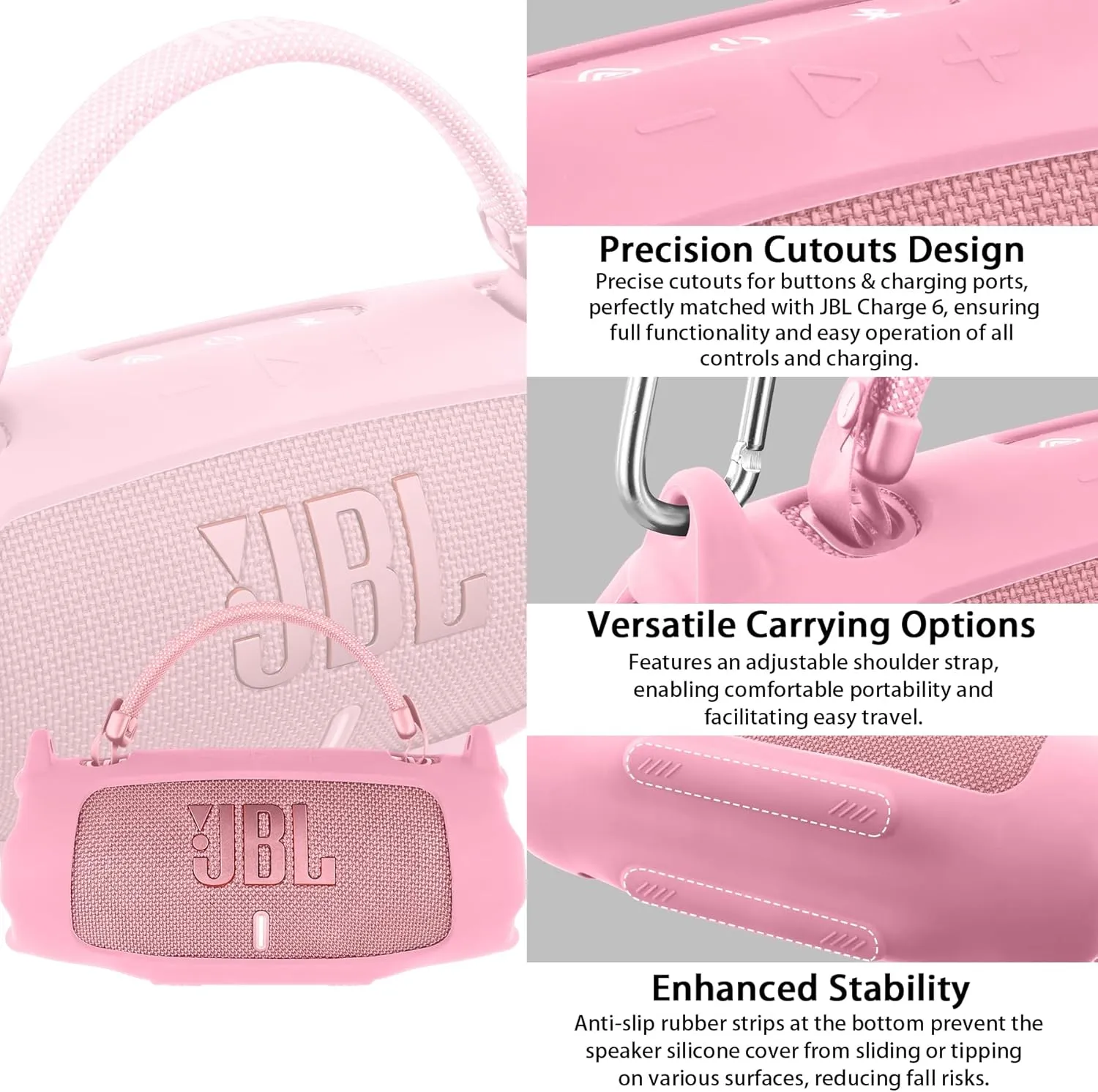 khanka for JBL Charge 6 Waterproof Portable Bluetooth Speaker Silicone Case,Soft Protective Sleeve Cover with Shoulder Strap for JBL Charge 6 Speaker (Pink)