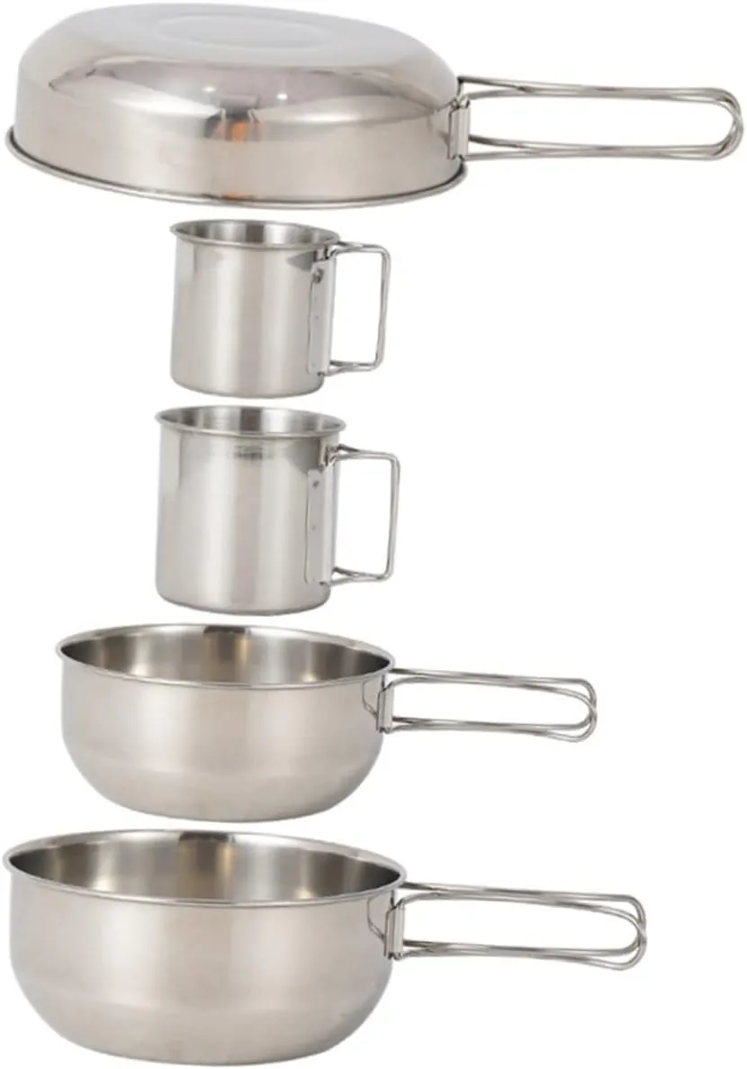 Kisangel 5-Piece Set Camping Dinnerware Collapsible Stainless Steel Cups Pot Portable Tableware for Hiking Picnic BBQ