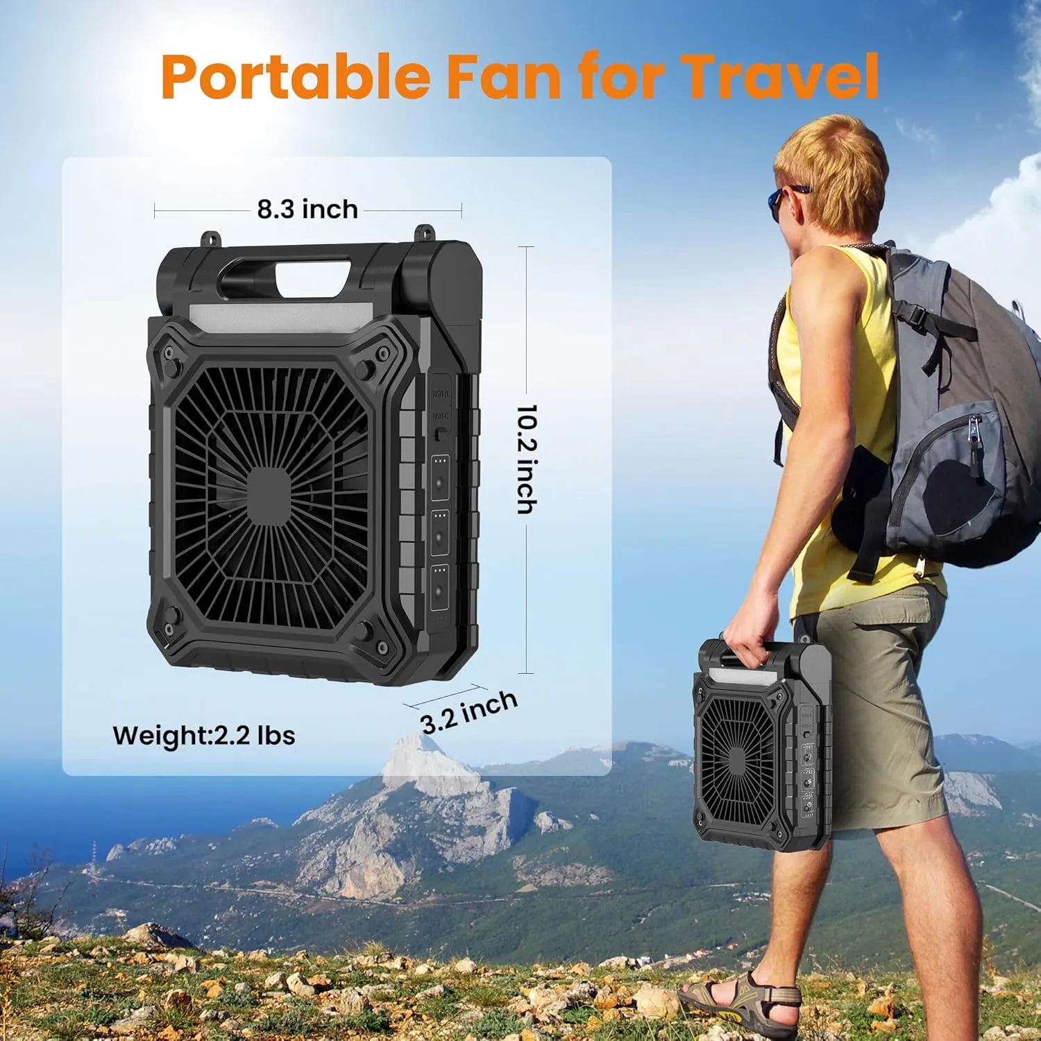 KITWLEMEN 10.2 Inch Solar Camping Fan with Light- Rechargeable Battery Operated Fan, 38H Run Time, 3 Speed, 6H Timer, SOS Signal, Portable Desk Fan for Camping Fishing RV Trips Hurricane Power Outage