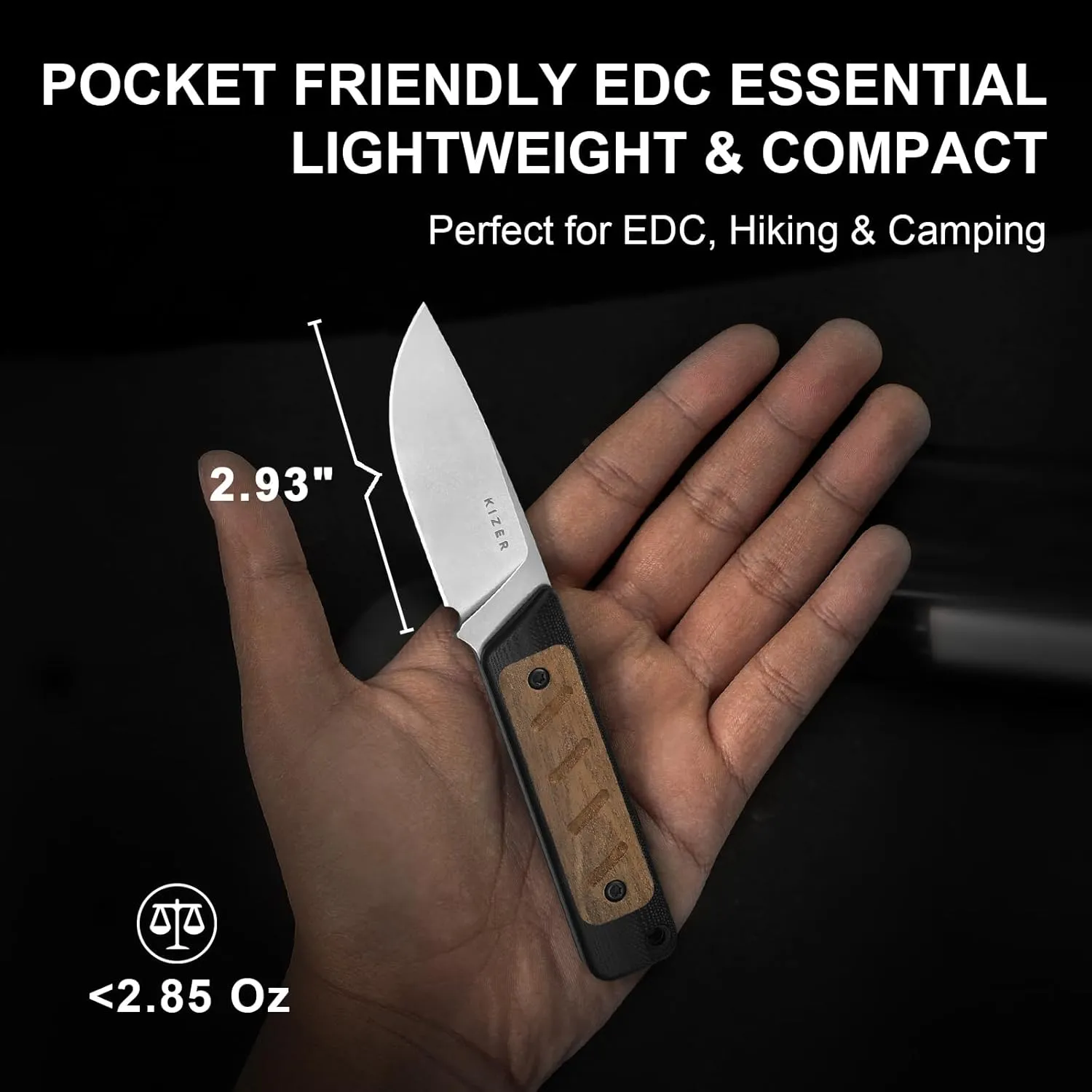 Kizer Smolt Fixed Blade Knife with Sheath, 2.93" AEB-L Steel EDC Knife with Black & Brown G10 Mkuruti Wood Handle, Drop Point Fixed Blade Camping Pocket Knives for Men Women 1063M1
