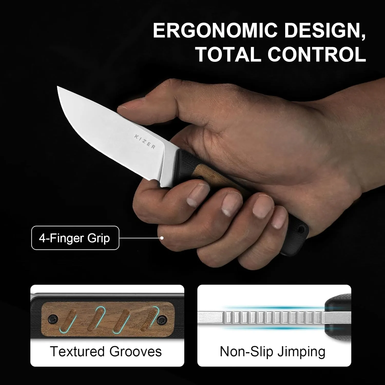 Kizer Smolt Fixed Blade Knife with Sheath, 2.93" AEB-L Steel EDC Knife with Black & Brown G10 Mkuruti Wood Handle, Drop Point Fixed Blade Camping Pocket Knives for Men Women 1063M1