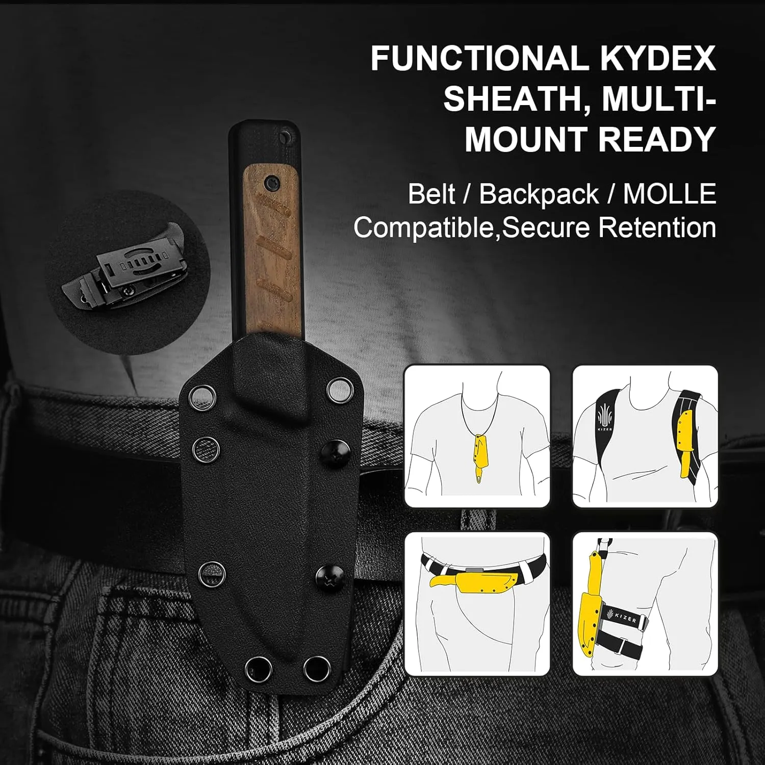 Kizer Smolt Fixed Blade Knife with Sheath, 2.93" AEB-L Steel EDC Knife with Black & Brown G10 Mkuruti Wood Handle, Drop Point Fixed Blade Camping Pocket Knives for Men Women 1063M1