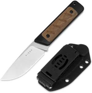 Kizer Smolt Fixed Blade Knife with Sheath, 2.93" AEB-L Steel EDC Knife with Black & Brown G10 Mkuruti Wood Handle, Drop Point Fixed Blade Camping Pocket Knives for Men Women 1063M1