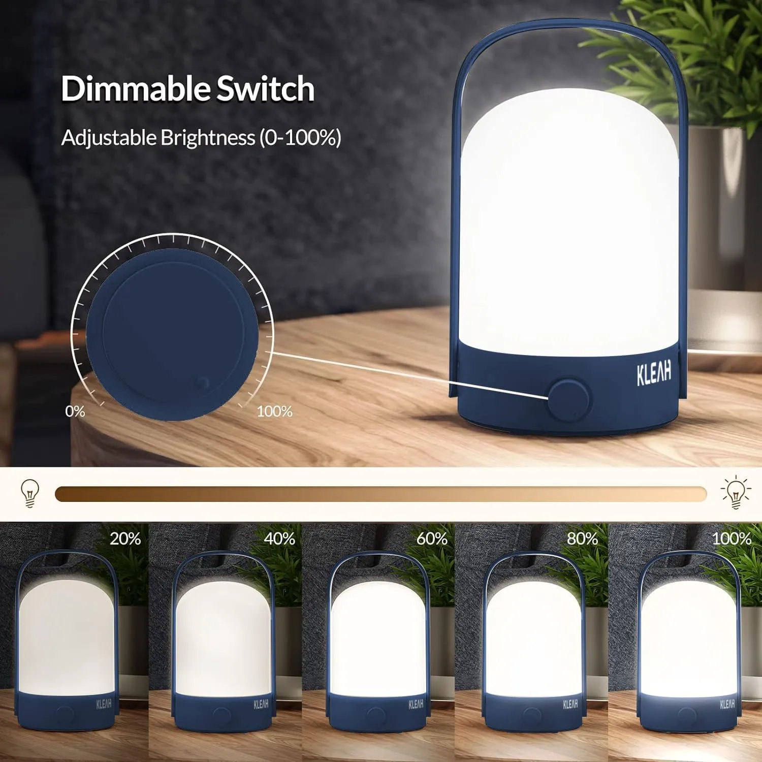 KLEAH Portable Cordless Lantern Table Lamp, 360° Portable Handle, Stepless Dimmer, Powerful Long-Lasting 50hrs, Rechargeable LED Lantern for Camping Bedroom Party, Blue