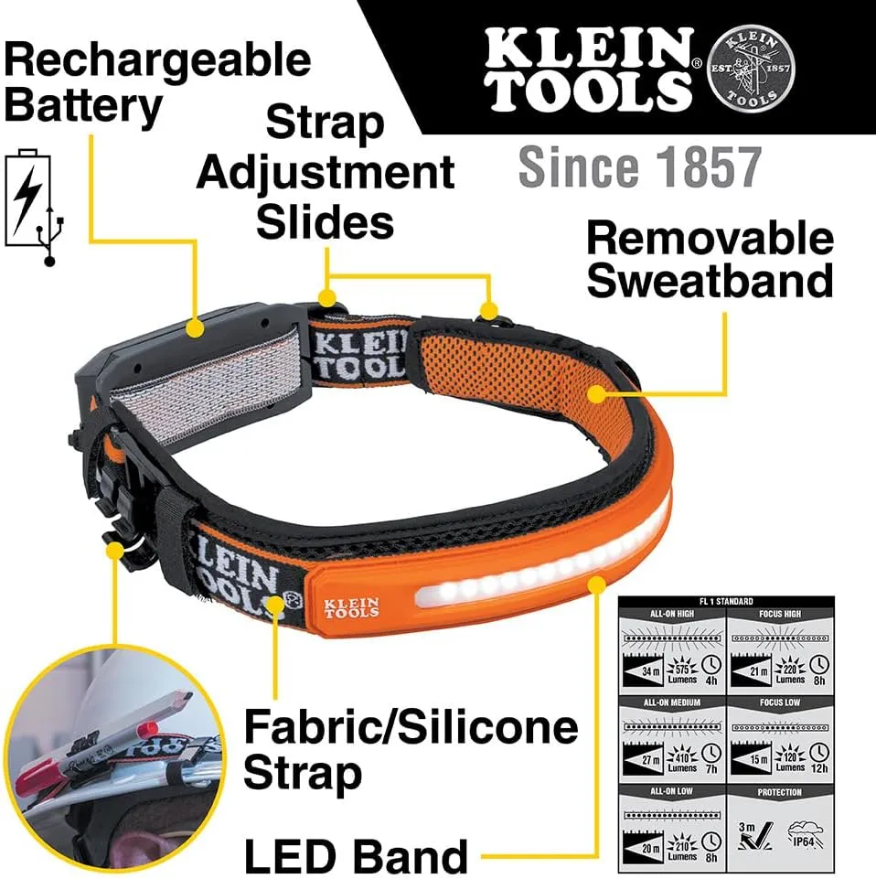 Klein Tools 56308 Rechargeable Headlamp with Strap, 575 Lumens, Wide-Beam LED, All-On or Direct Focus Modes, for Work and Outdoors