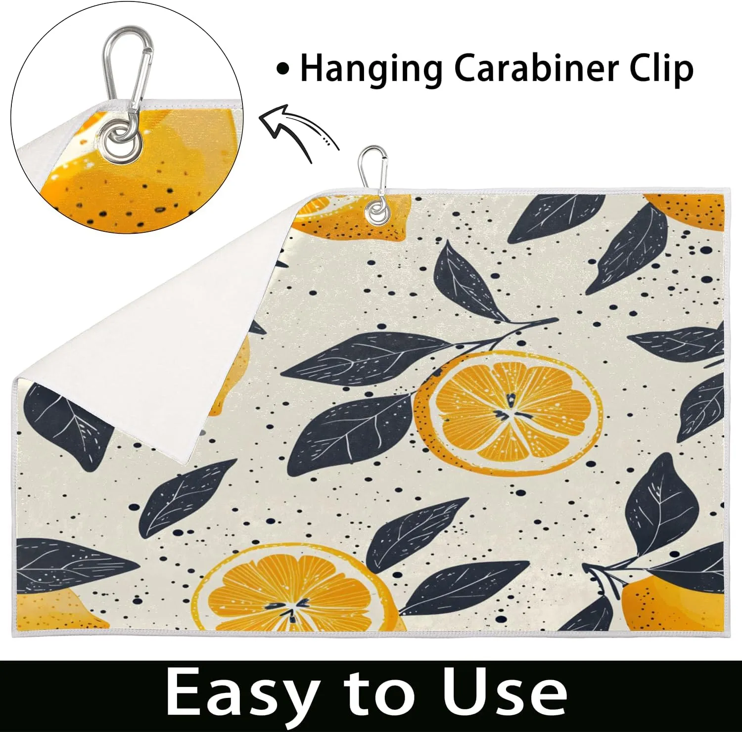 KOBLEN Microfiber Golf Towel with Heavy Duty Carabiner Clip, Lemon Leaf Dots 24x15 Inch Quick Dry Absorbent Towel for Golf Clubs Balls, Golf Bag Accessories for Men Women,1 Pack