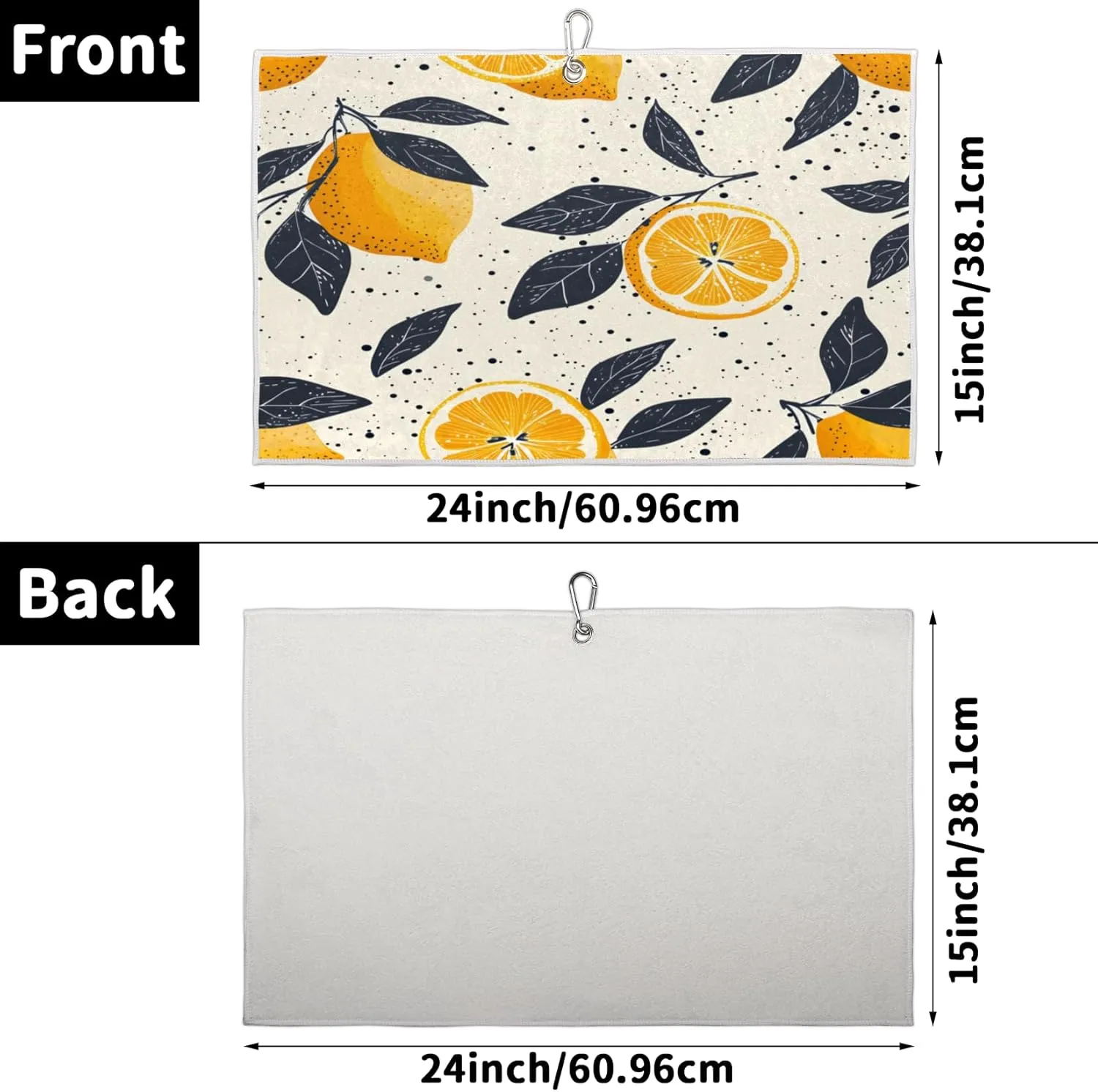 KOBLEN Microfiber Golf Towel with Heavy Duty Carabiner Clip, Lemon Leaf Dots 24x15 Inch Quick Dry Absorbent Towel for Golf Clubs Balls, Golf Bag Accessories for Men Women,1 Pack