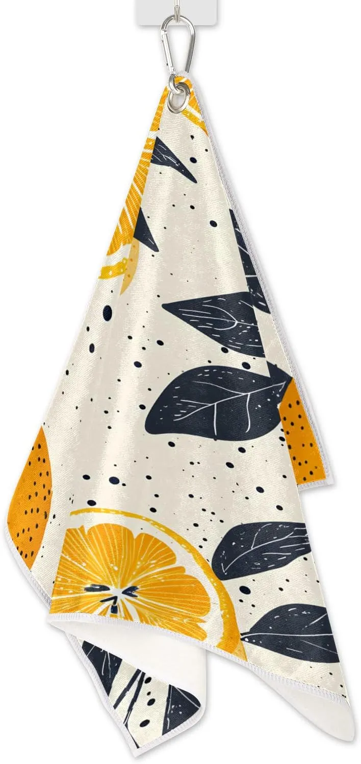 KOBLEN Microfiber Golf Towel with Heavy Duty Carabiner Clip, Lemon Leaf Dots 24x15 Inch Quick Dry Absorbent Towel for Golf Clubs Balls, Golf Bag Accessories for Men Women,1 Pack