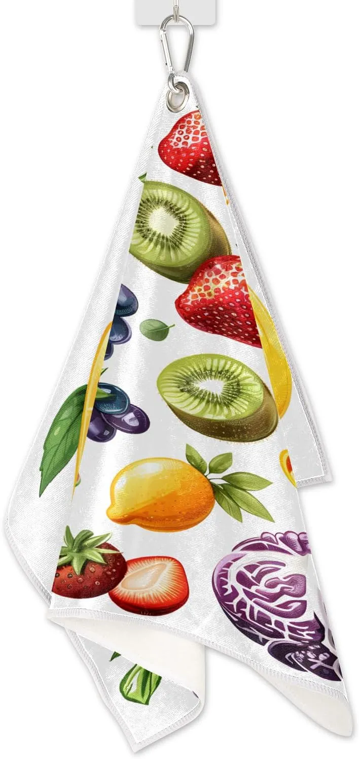 KOBLEN Microfiber Golf Towel with Heavy Duty Carabiner Clip, Mixed Fruits Set 24x15 Inch Quick Dry Absorbent Towel for Golf Clubs Balls, Golf Bag Accessories for Men Women,1 Pack