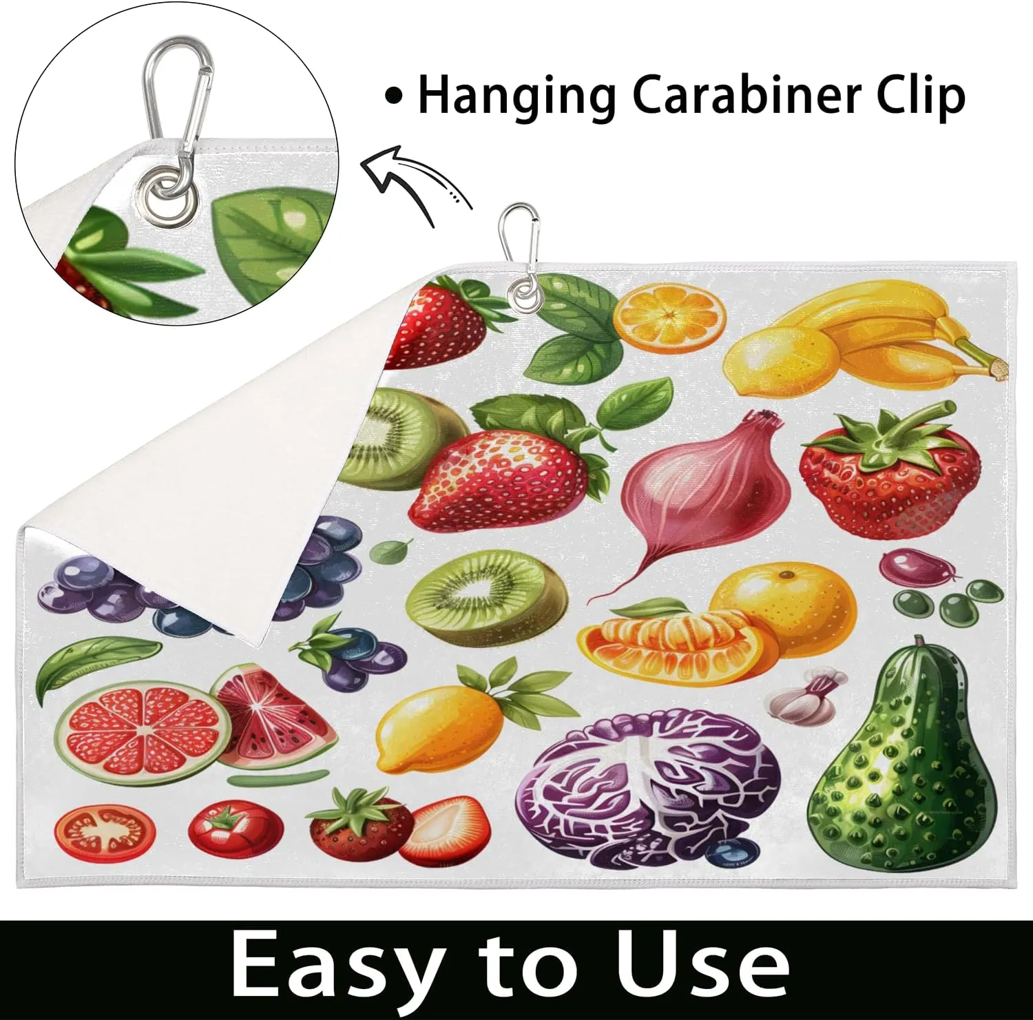 KOBLEN Microfiber Golf Towel with Heavy Duty Carabiner Clip, Mixed Fruits Set 24x15 Inch Quick Dry Absorbent Towel for Golf Clubs Balls, Golf Bag Accessories for Men Women,1 Pack