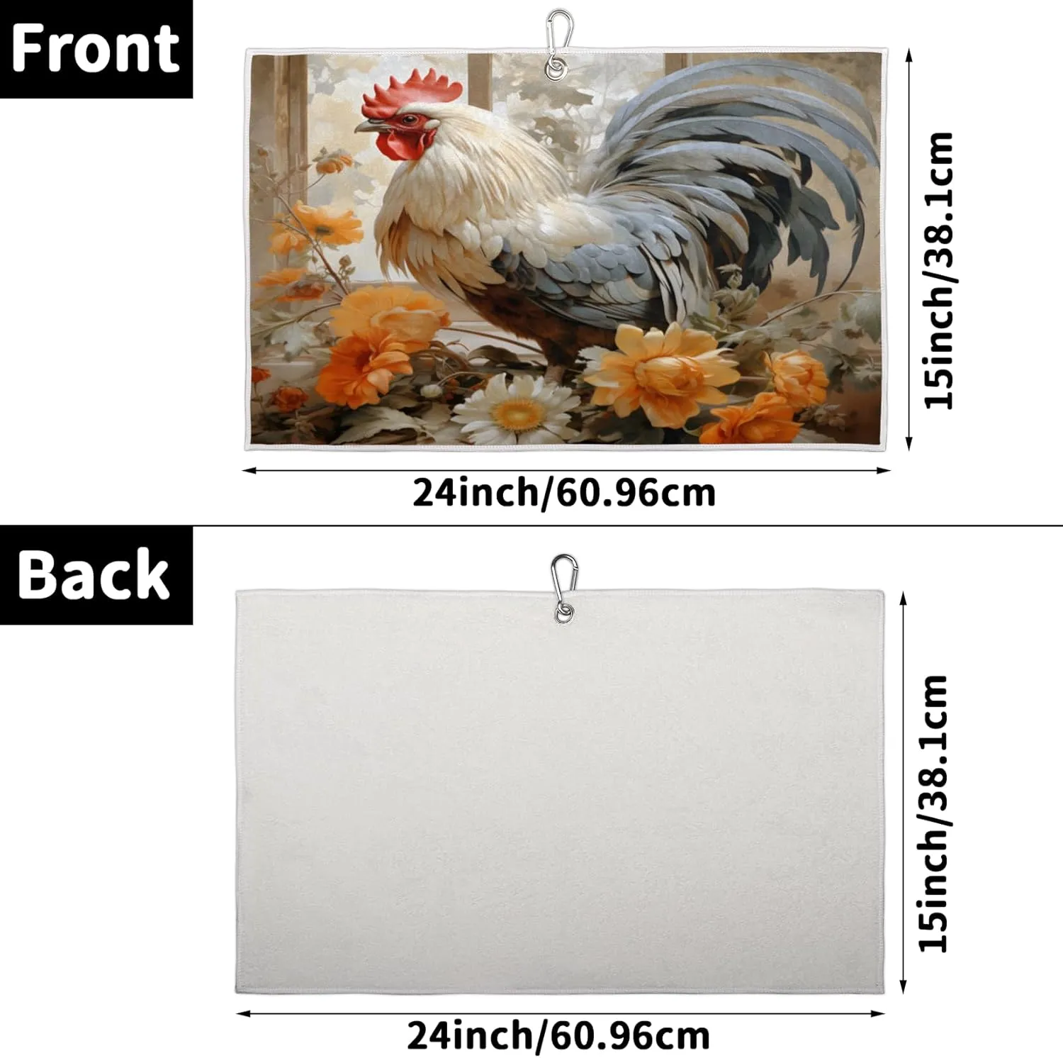 KOBLEN Microfiber Golf Towel with Heavy Duty Carabiner Clip, Rooster with Flowers 24x15 Inch Quick Dry Absorbent Towel for Golf Clubs Balls, Golf Bag Accessories for Men Women,1 Pack
