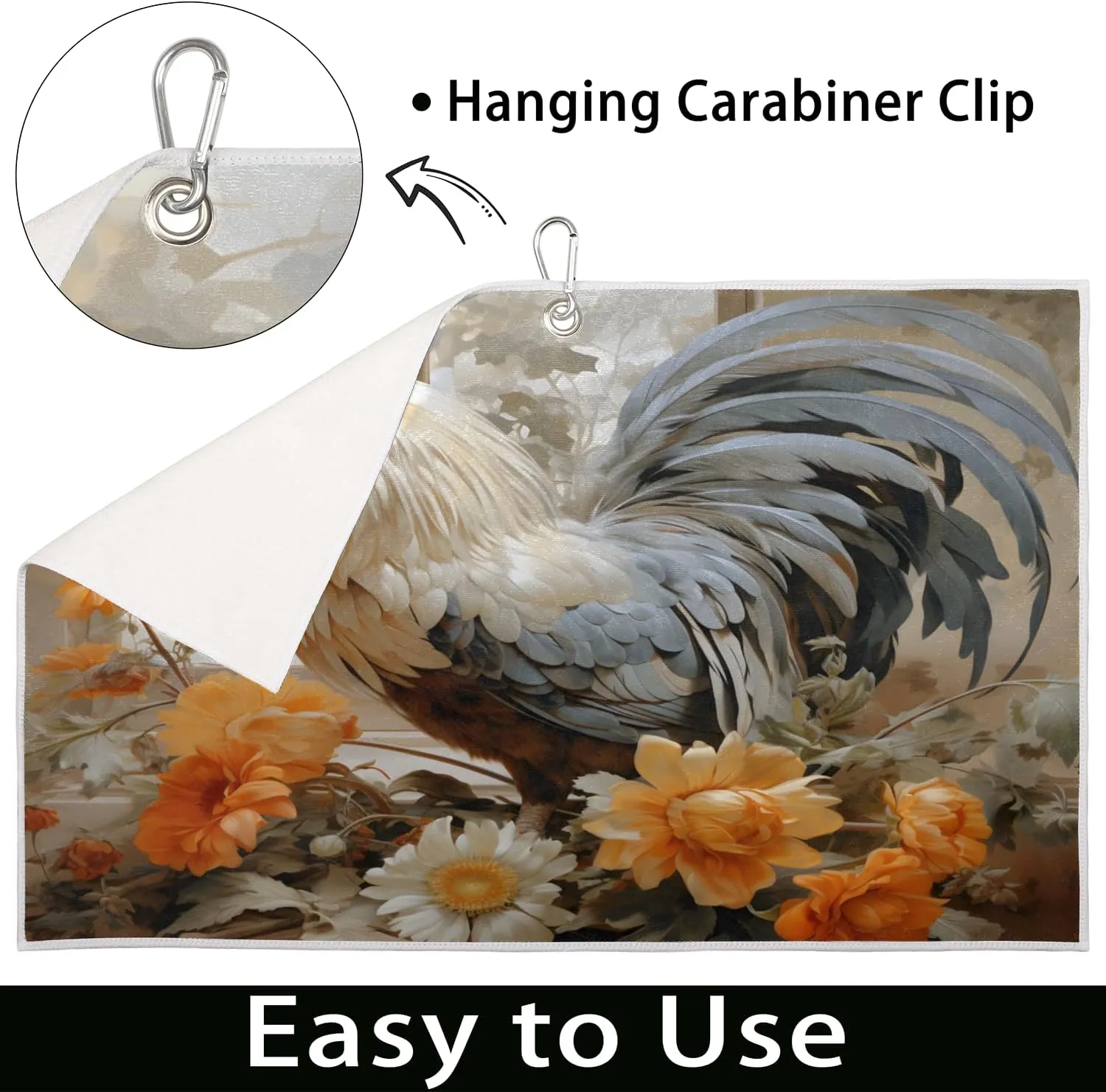 KOBLEN Microfiber Golf Towel with Heavy Duty Carabiner Clip, Rooster with Flowers 24x15 Inch Quick Dry Absorbent Towel for Golf Clubs Balls, Golf Bag Accessories for Men Women,1 Pack