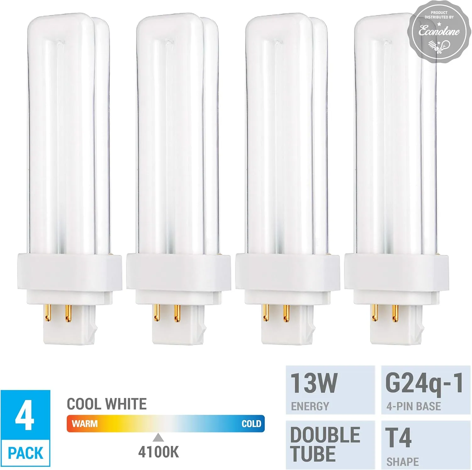 KOR (Pack of 4) 13 Watt Double Tube - G24Q-1 (4 PIN) Base - 4100K Cool White - CFL Light Bulb. Replaces Sylvania 20667 CF13DD/E/841 - Philips 38328-1 PL-C 13W/841/4P/ALTO and GE 97597 F13DBX/841/ECO4P