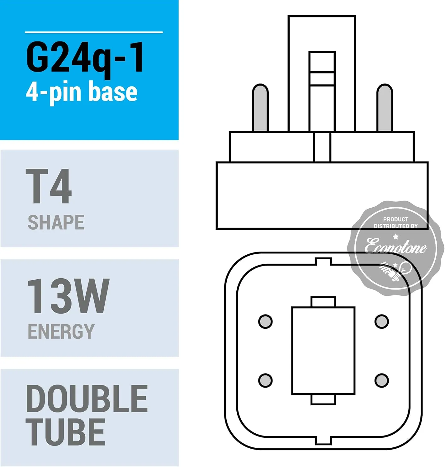 KOR (Pack of 4) 13 Watt Double Tube - G24Q-1 (4 PIN) Base - 4100K Cool White - CFL Light Bulb. Replaces Sylvania 20667 CF13DD/E/841 - Philips 38328-1 PL-C 13W/841/4P/ALTO and GE 97597 F13DBX/841/ECO4P