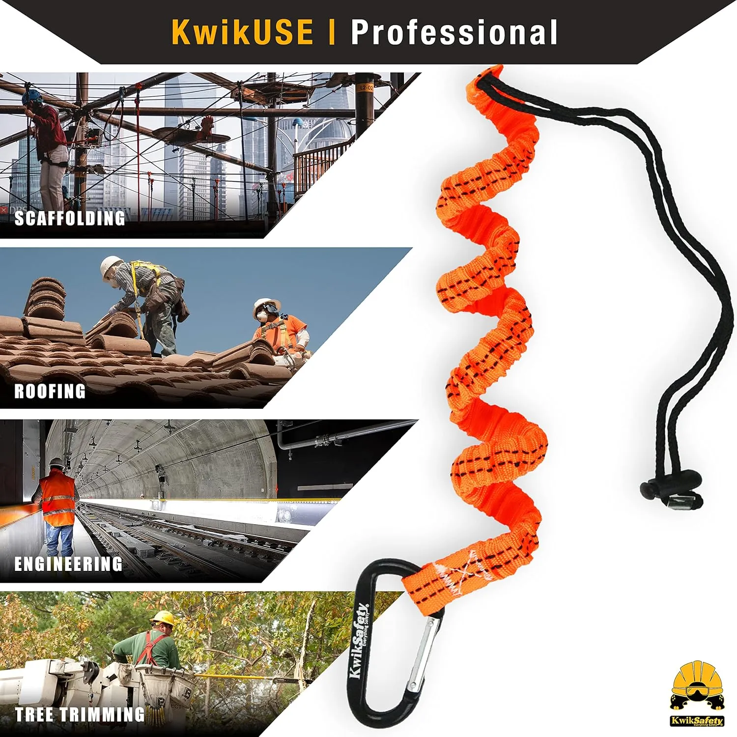 KwikSafety - Charlotte, NC - Tentacle [3 Pack] Light Duty Tool Lanyard w/Aluminum Carabiner Clip Coiled Retractable Bungee Cord, Loop & Adjustable Clasp Lock Fall Protection / 10 lb Limit