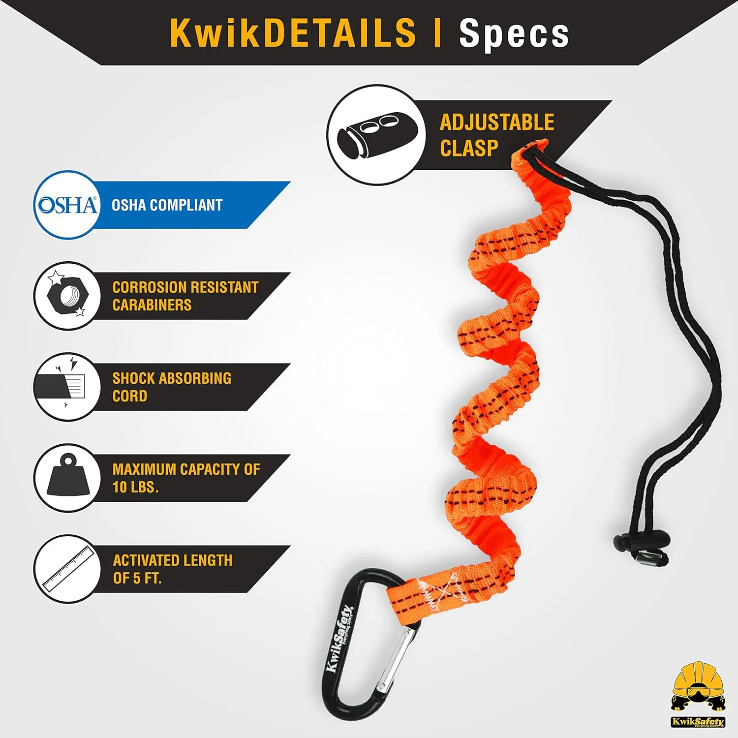 KwikSafety - Charlotte, NC - Tentacle [3 Pack] Light Duty Tool Lanyard w/Aluminum Carabiner Clip Coiled Retractable Bungee Cord, Loop & Adjustable Clasp Lock Fall Protection / 10 lb Limit