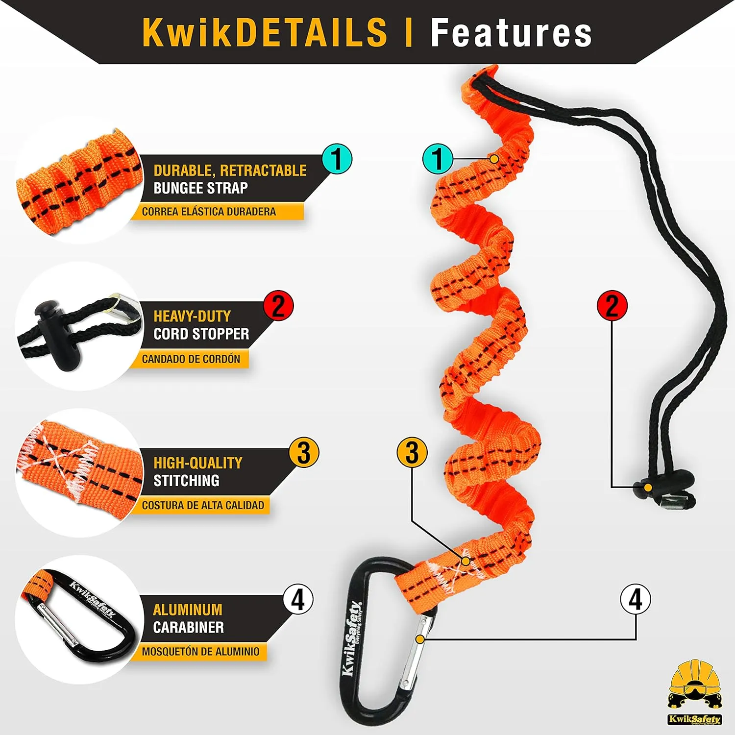 KwikSafety - Charlotte, NC - Tentacle [3 Pack] Light Duty Tool Lanyard w/Aluminum Carabiner Clip Coiled Retractable Bungee Cord, Loop & Adjustable Clasp Lock Fall Protection / 10 lb Limit