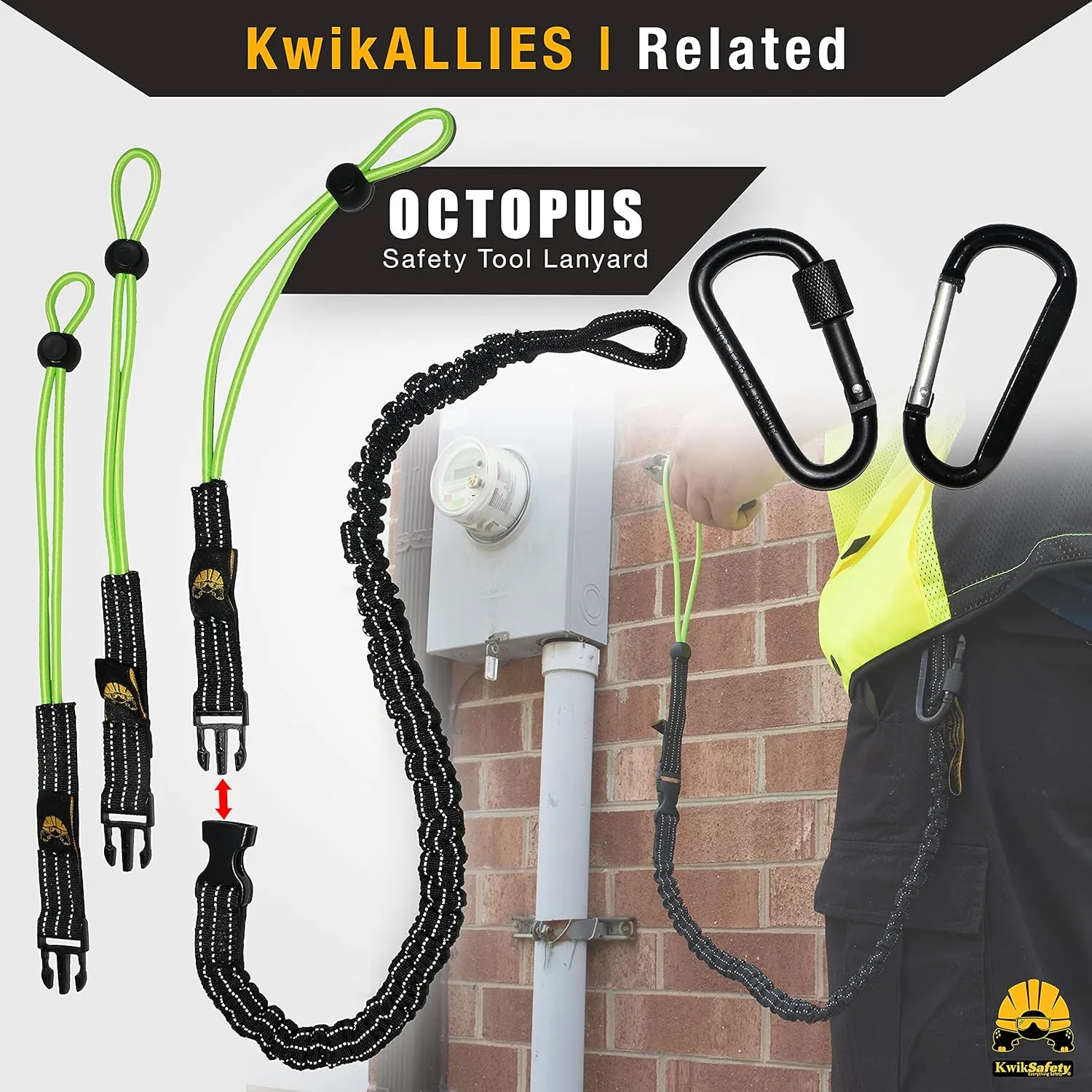 KwikSafety - Charlotte, NC - Tentacle [3 Pack] Light Duty Tool Lanyard w/Aluminum Carabiner Clip Coiled Retractable Bungee Cord, Loop & Adjustable Clasp Lock Fall Protection / 10 lb Limit