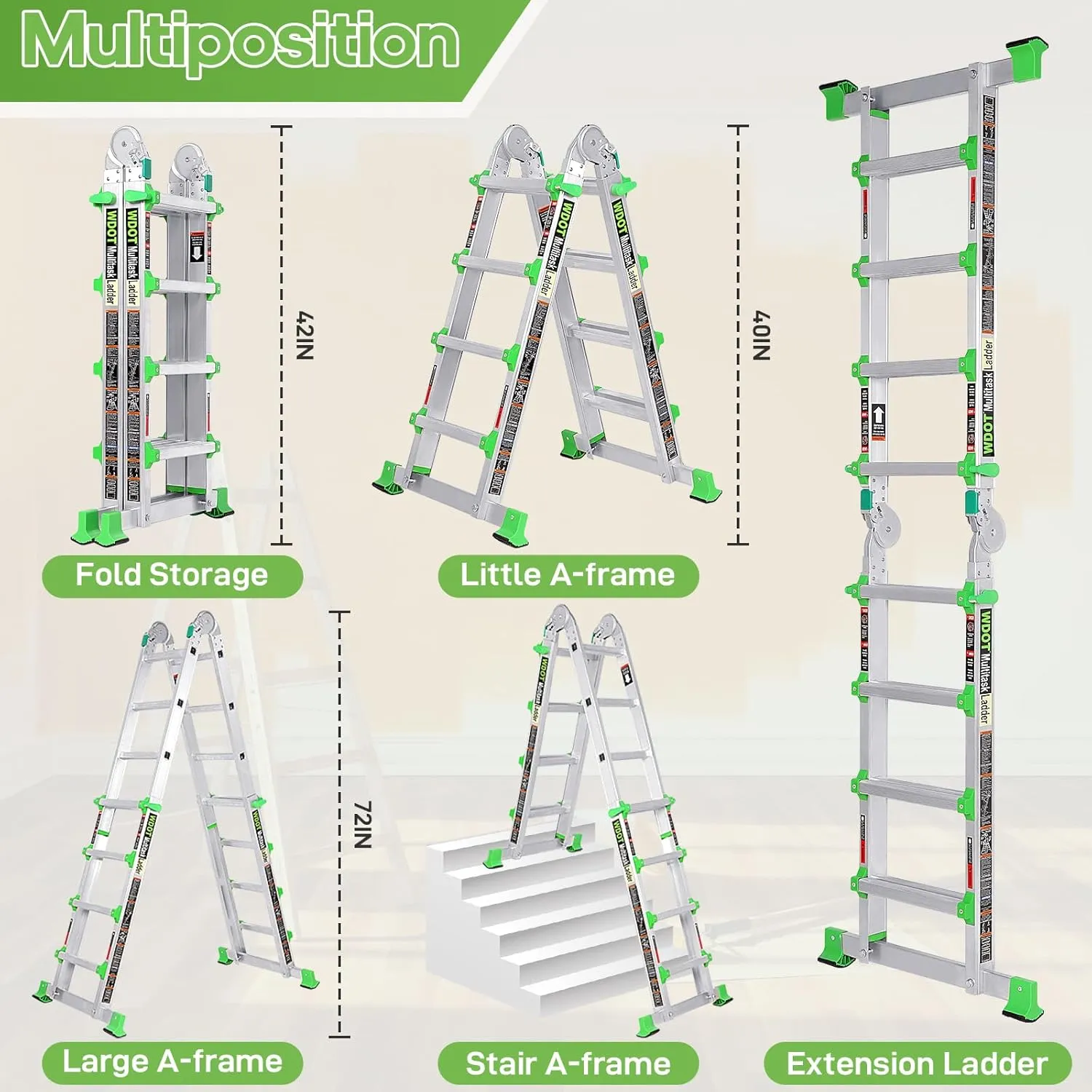 Ladder, Extension Ladders for Home Stairs 14 Ft, 4 Step Multi Position A Frame Ladder with Stabilizer Bar, Compact Folding, 330 lbs Telescopic Aluminum Adjustable Ladders, Escaleras para Casa