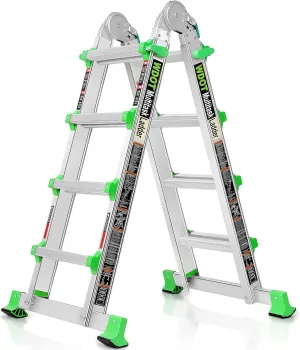 Ladder, Extension Ladders for Home Stairs 14 Ft, 4 Step Multi Position A Frame Ladder with Stabilizer Bar, Compact Folding, 330 lbs Telescopic Aluminum Adjustable Ladders, Escaleras para Casa