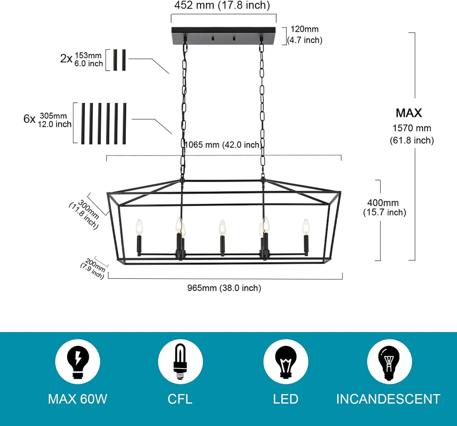 Lantern Island Light 7-Light Black Chandelier Dining Room Light Fixtures Over Table Rectangle Kitchen Island Chandeliers Modern Hanging Light Fixture
