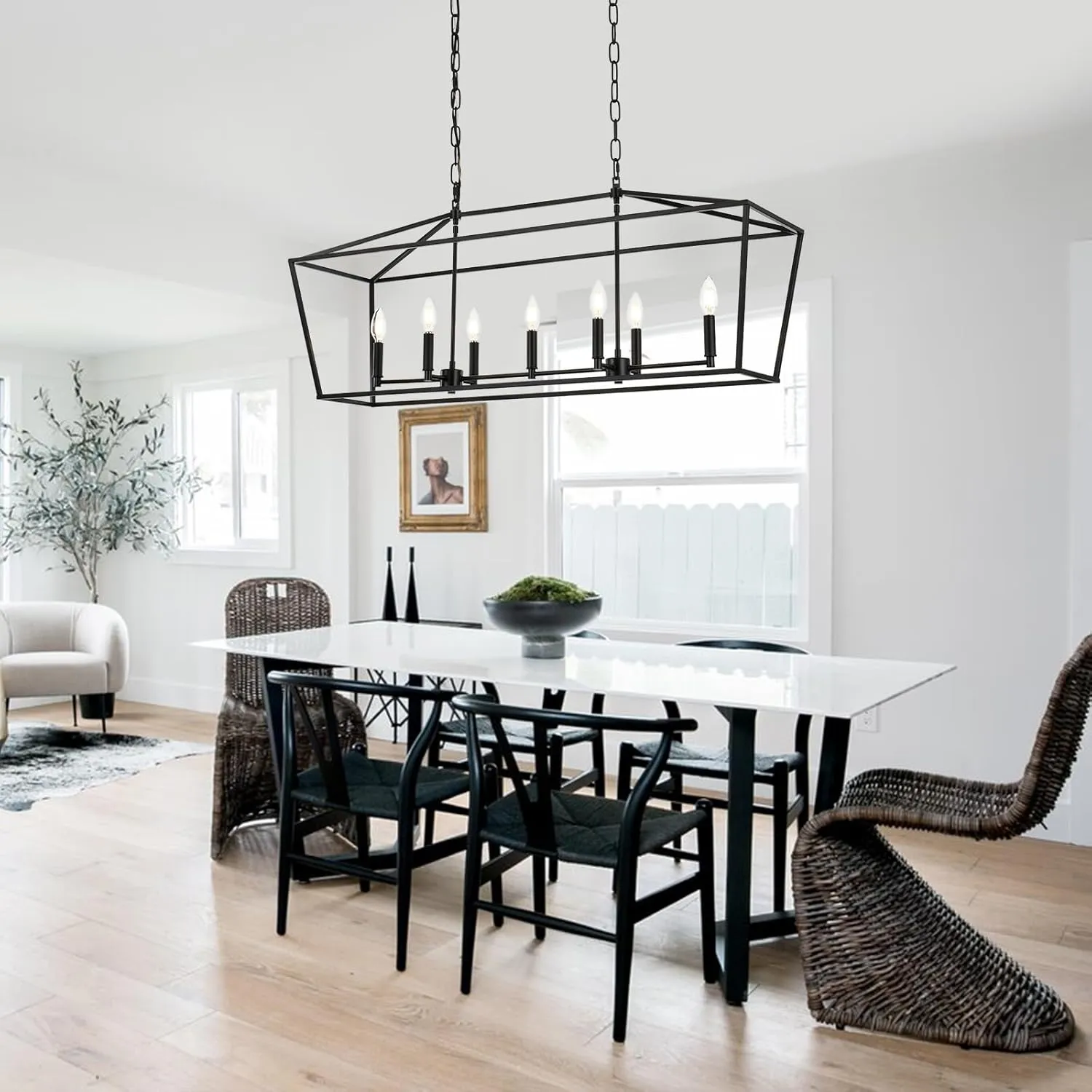 Lantern Island Light 7-Light Black Chandelier Dining Room Light Fixtures Over Table Rectangle Kitchen Island Chandeliers Modern Hanging Light Fixture