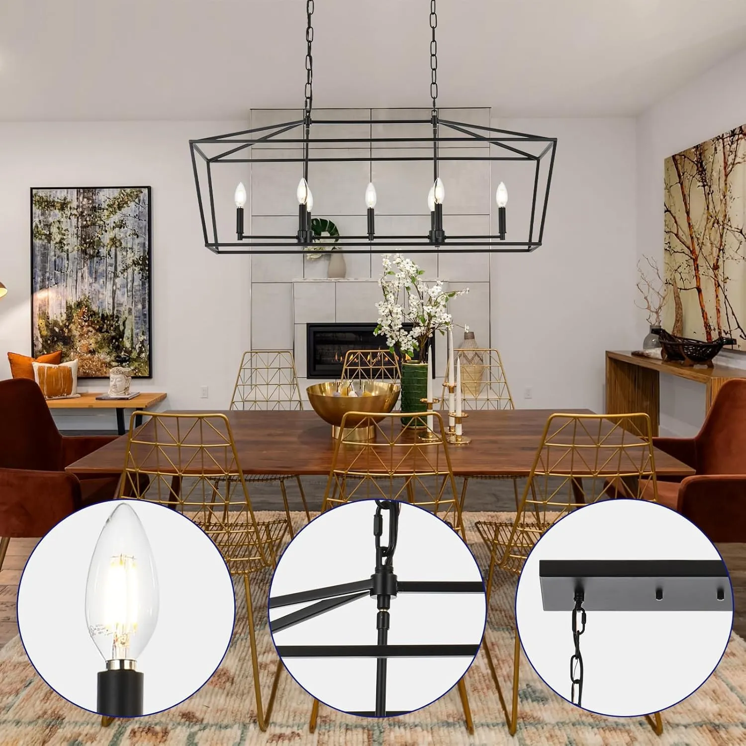 Lantern Island Light 7-Light Black Chandelier Dining Room Light Fixtures Over Table Rectangle Kitchen Island Chandeliers Modern Hanging Light Fixture