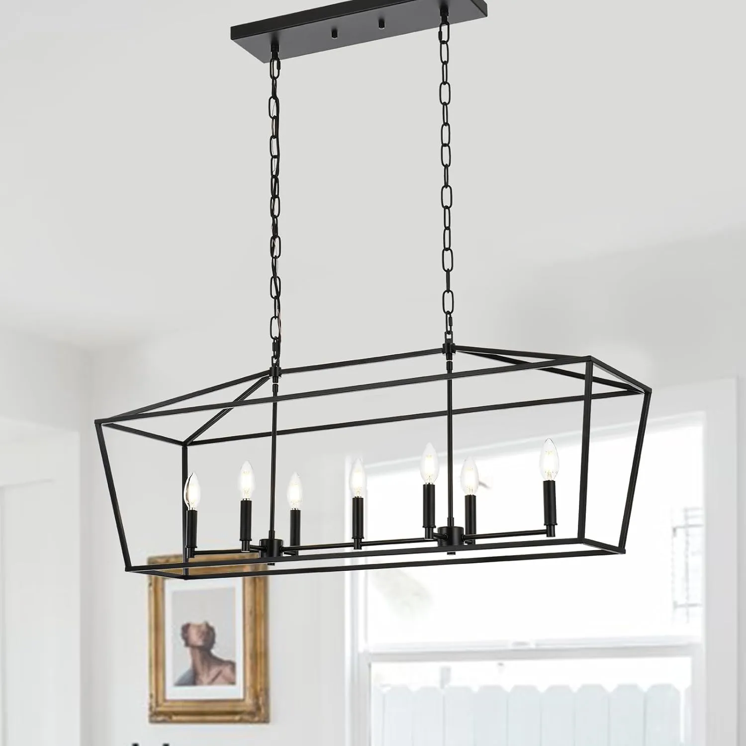 Lantern Island Light 7-Light Black Chandelier Dining Room Light Fixtures Over Table Rectangle Kitchen Island Chandeliers Modern Hanging Light Fixture