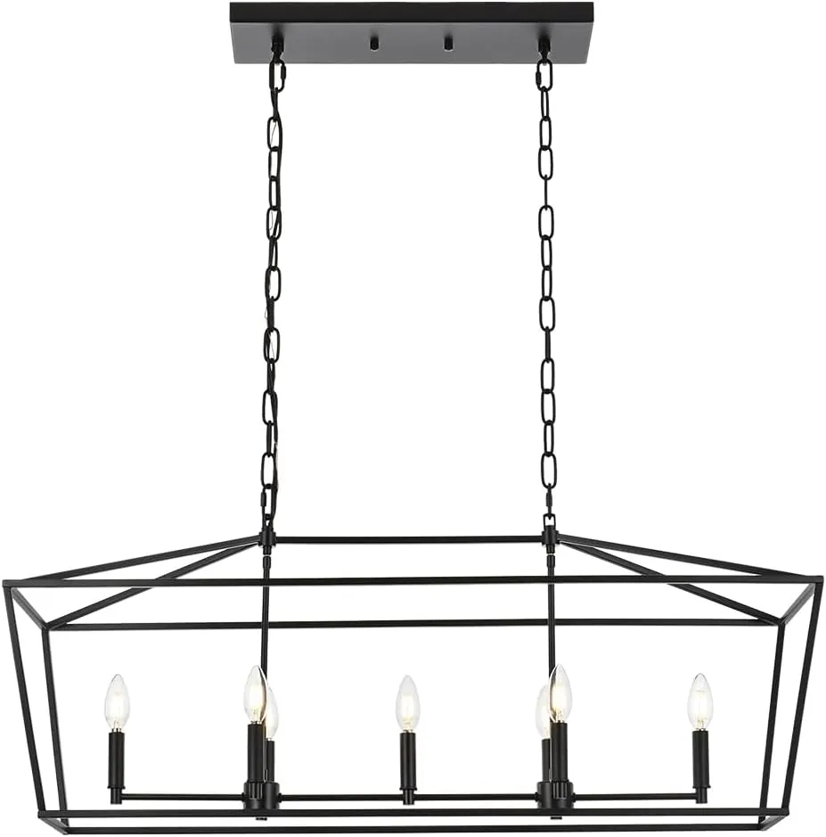 Lantern Island Light 7-Light Black Chandelier Dining Room Light Fixtures Over Table Rectangle Kitchen Island Chandeliers Modern Hanging Light Fixture