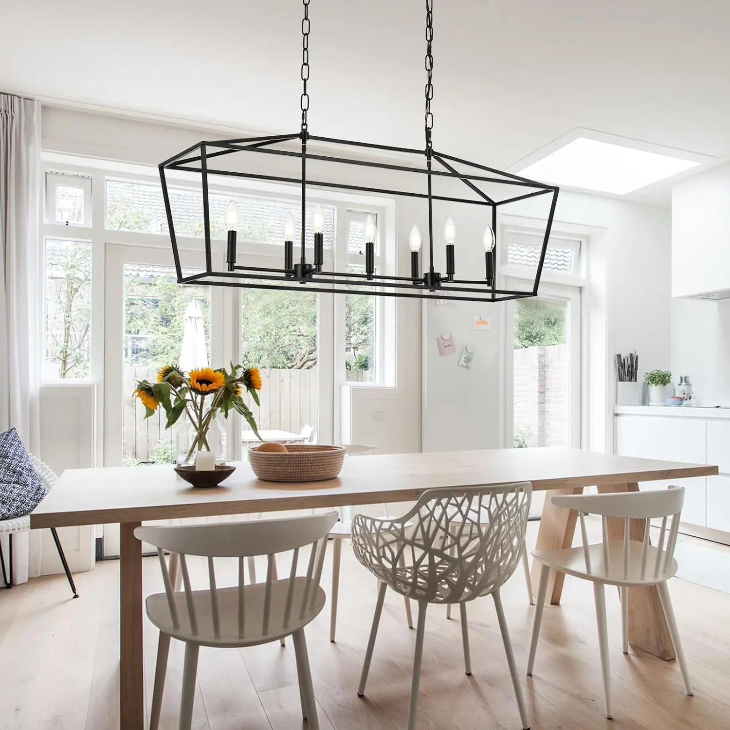 Lantern Island Light 7-Light Black Chandelier Dining Room Light Fixtures Over Table Rectangle Kitchen Island Chandeliers Modern Hanging Light Fixture