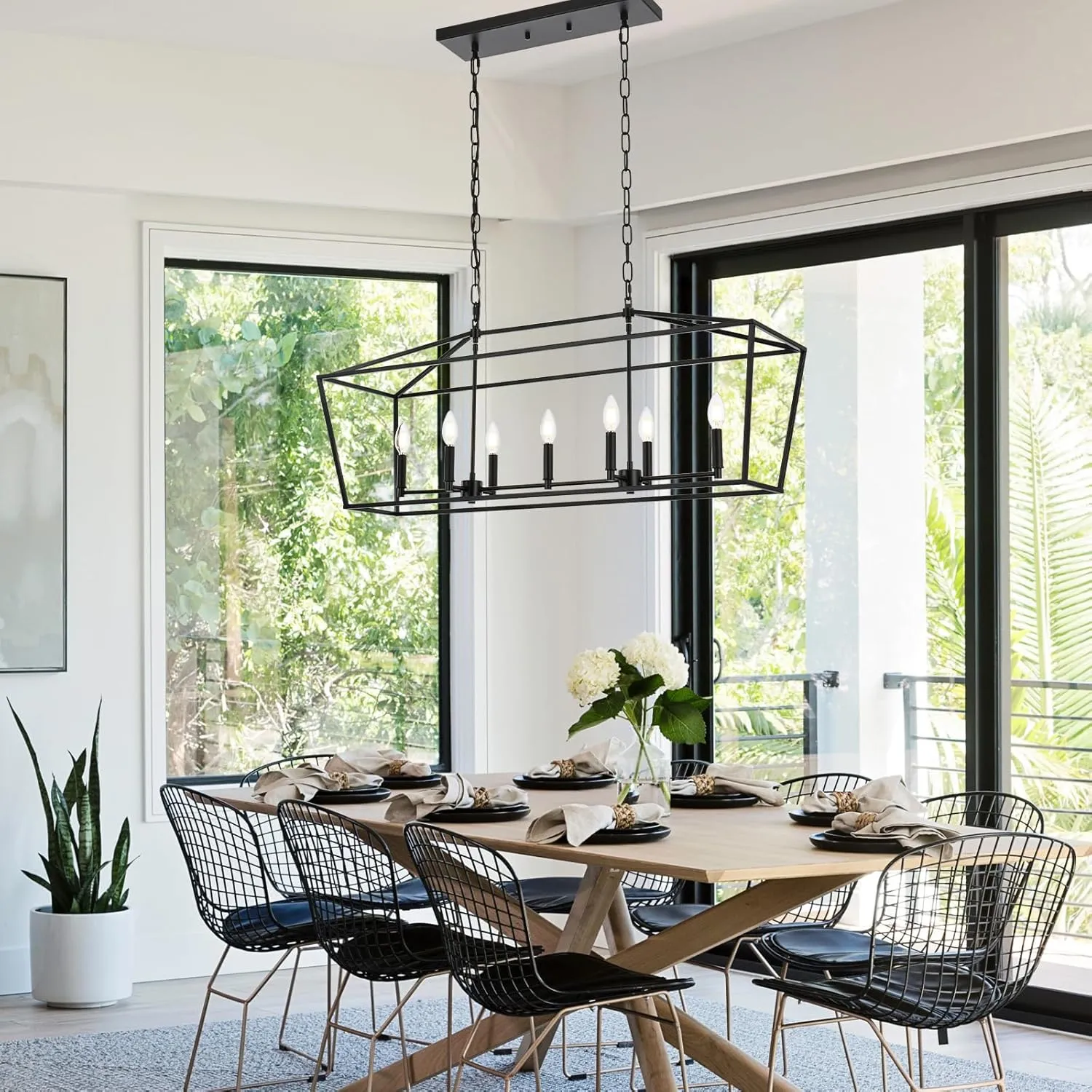 Lantern Island Light 7-Light Black Chandelier Dining Room Light Fixtures Over Table Rectangle Kitchen Island Chandeliers Modern Hanging Light Fixture