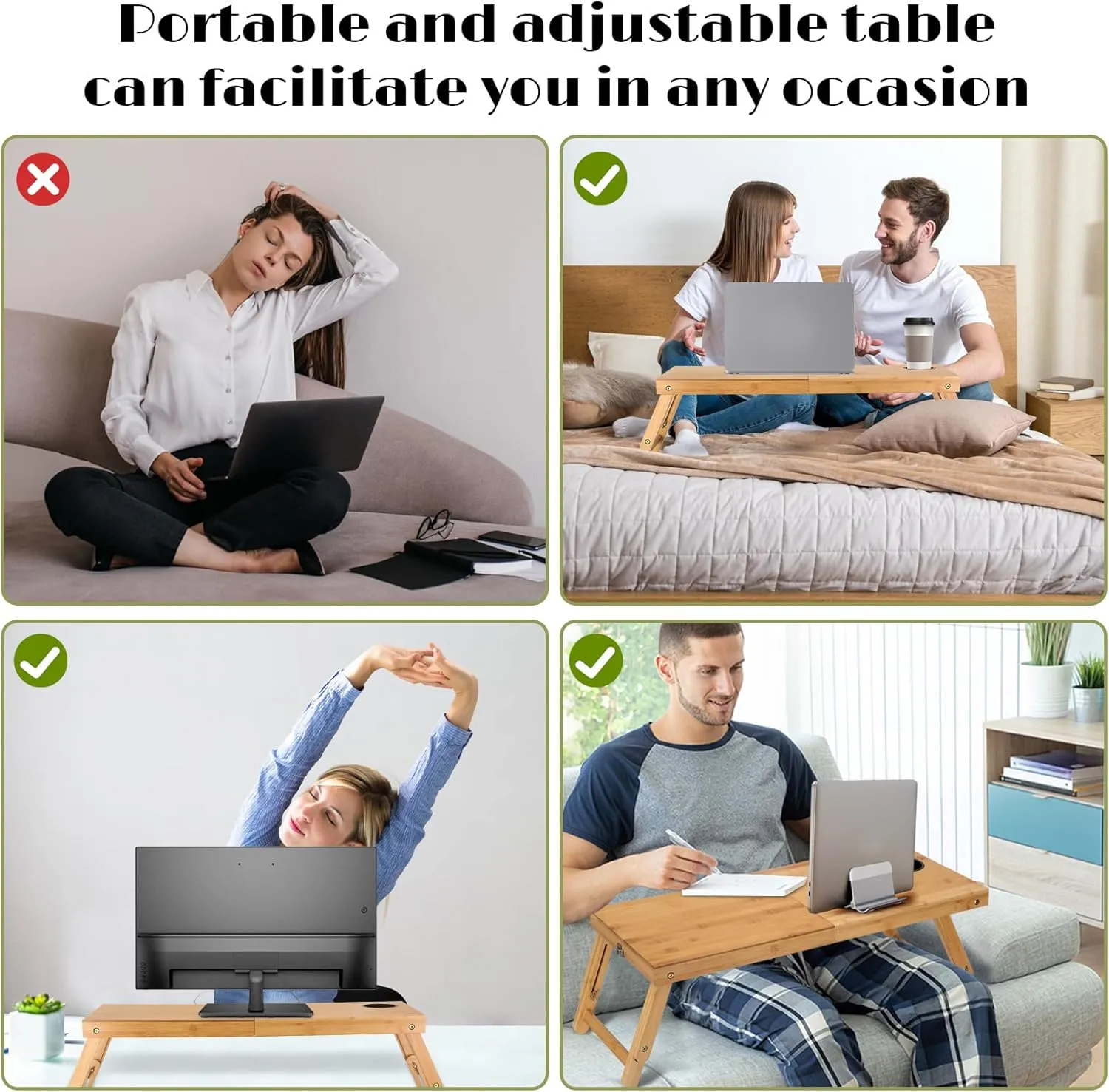Laptop Tray Desk Bamboo Floor Desk Low Table Bed Tray Table,Foldable Adjustable Study Writing Gaming Breakfast Serving Floor Table (Yellow, Large)