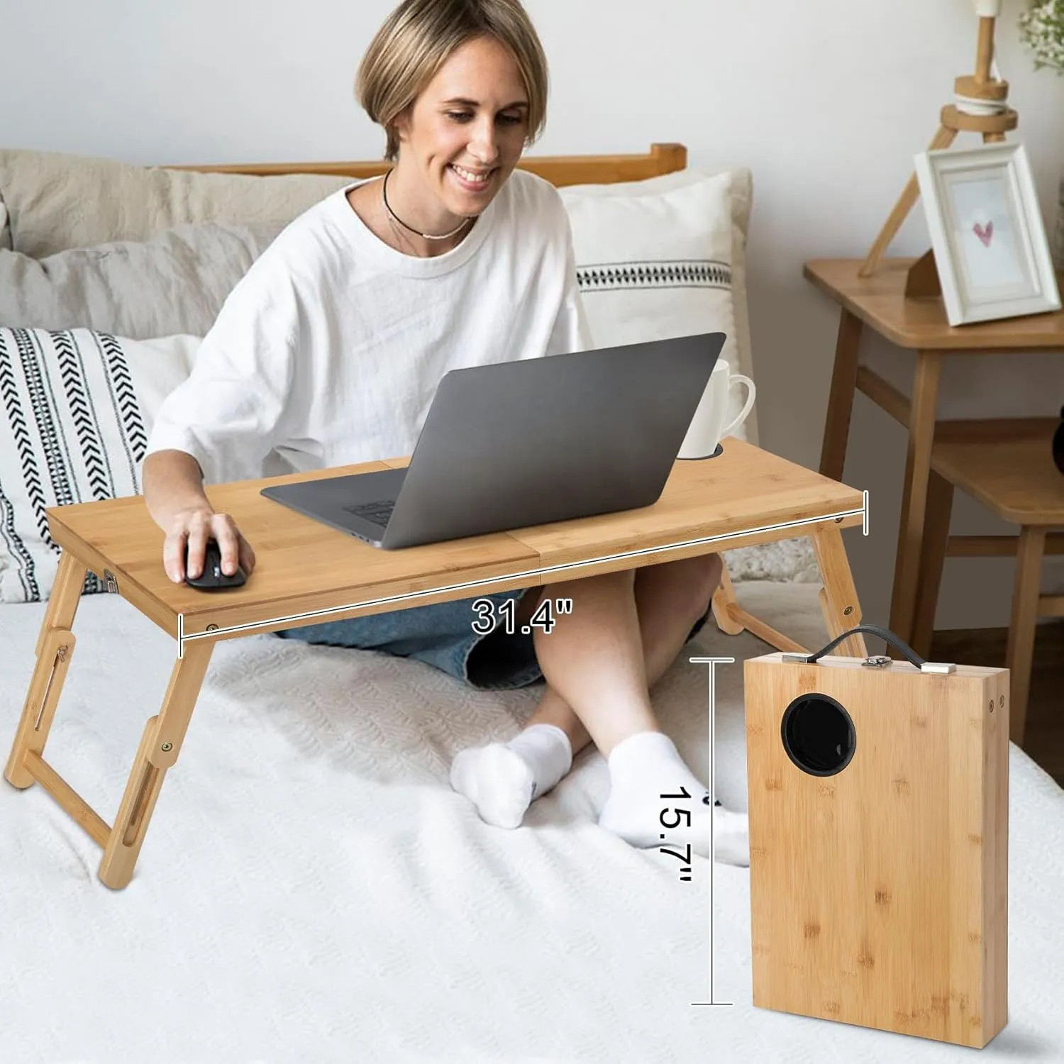 Laptop Tray Desk Bamboo Floor Desk Low Table Bed Tray Table,Foldable Adjustable Study Writing Gaming Breakfast Serving Floor Table (Yellow, Large)