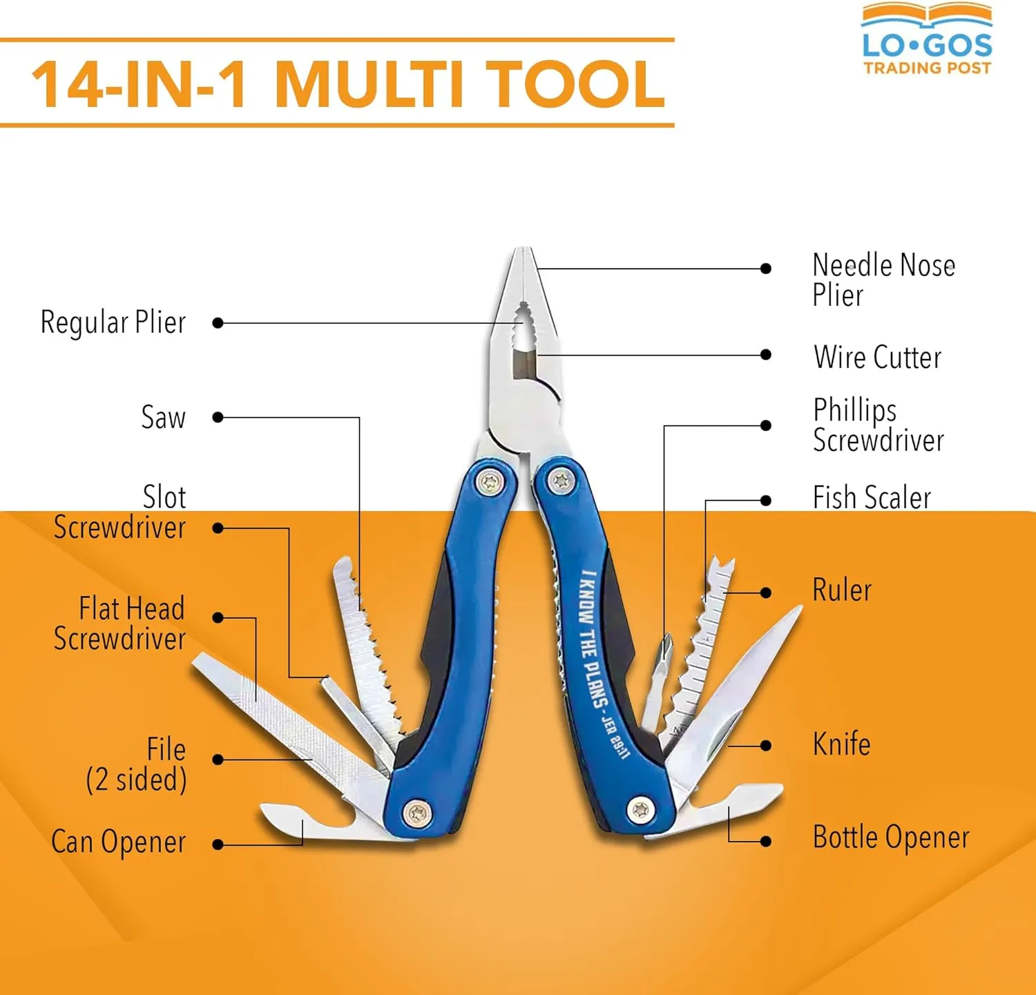 Large 14-in-1 Multi Tool Pliers in Blue Color with Nylon Case & Gift Ready Box Camping Knives & Tools Printed Jer 29:11 Scripture "I Know The Plans" - Christian Dad Gift