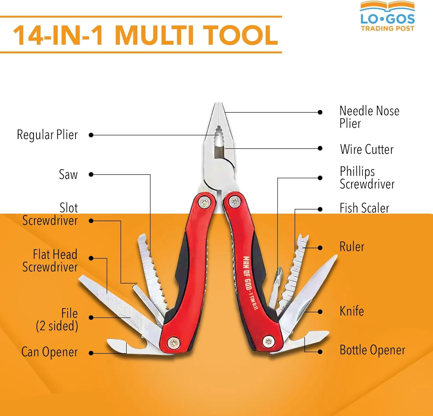Large 14-in-1 Multitool Pliers in Red Color with Nylon Case & Gift Ready Box Pocket Tool Kit Printed 1 Tim 6:11 Scripture "Man Of God" - Outdoor Man Gift Ideas