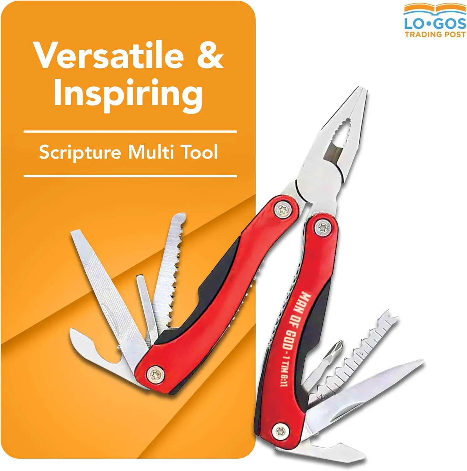 Large 14-in-1 Multitool Pliers in Red Color with Nylon Case & Gift Ready Box Pocket Tool Kit Printed 1 Tim 6:11 Scripture "Man Of God" - Outdoor Man Gift Ideas