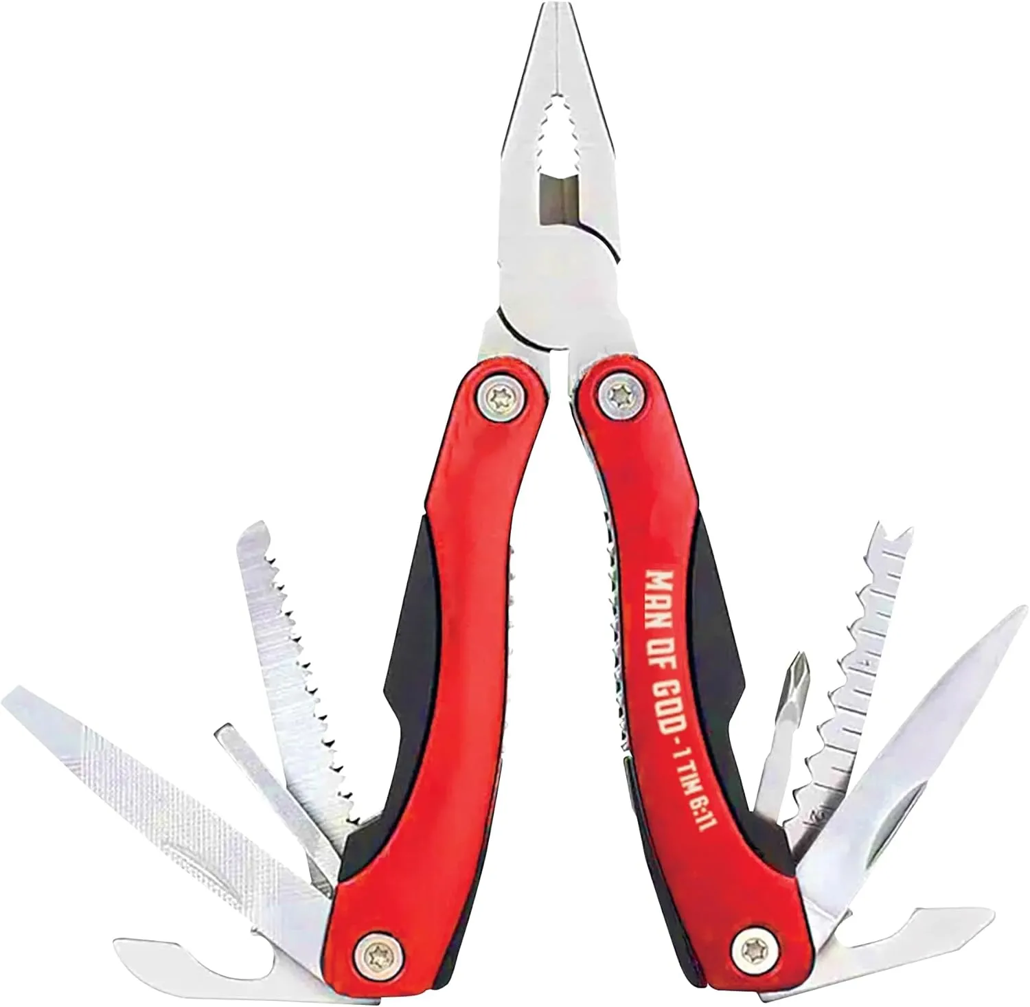 Large 14-in-1 Multitool Pliers in Red Color with Nylon Case & Gift Ready Box Pocket Tool Kit Printed 1 Tim 6:11 Scripture "Man Of God" - Outdoor Man Gift Ideas