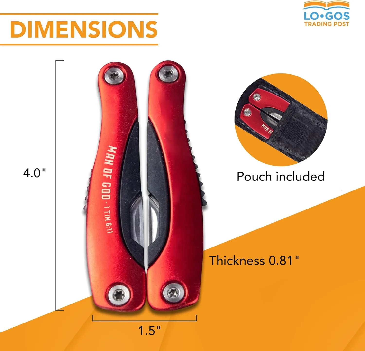 Large 14-in-1 Multitool Pliers in Red Color with Nylon Case & Gift Ready Box Pocket Tool Kit Printed 1 Tim 6:11 Scripture "Man Of God" - Outdoor Man Gift Ideas