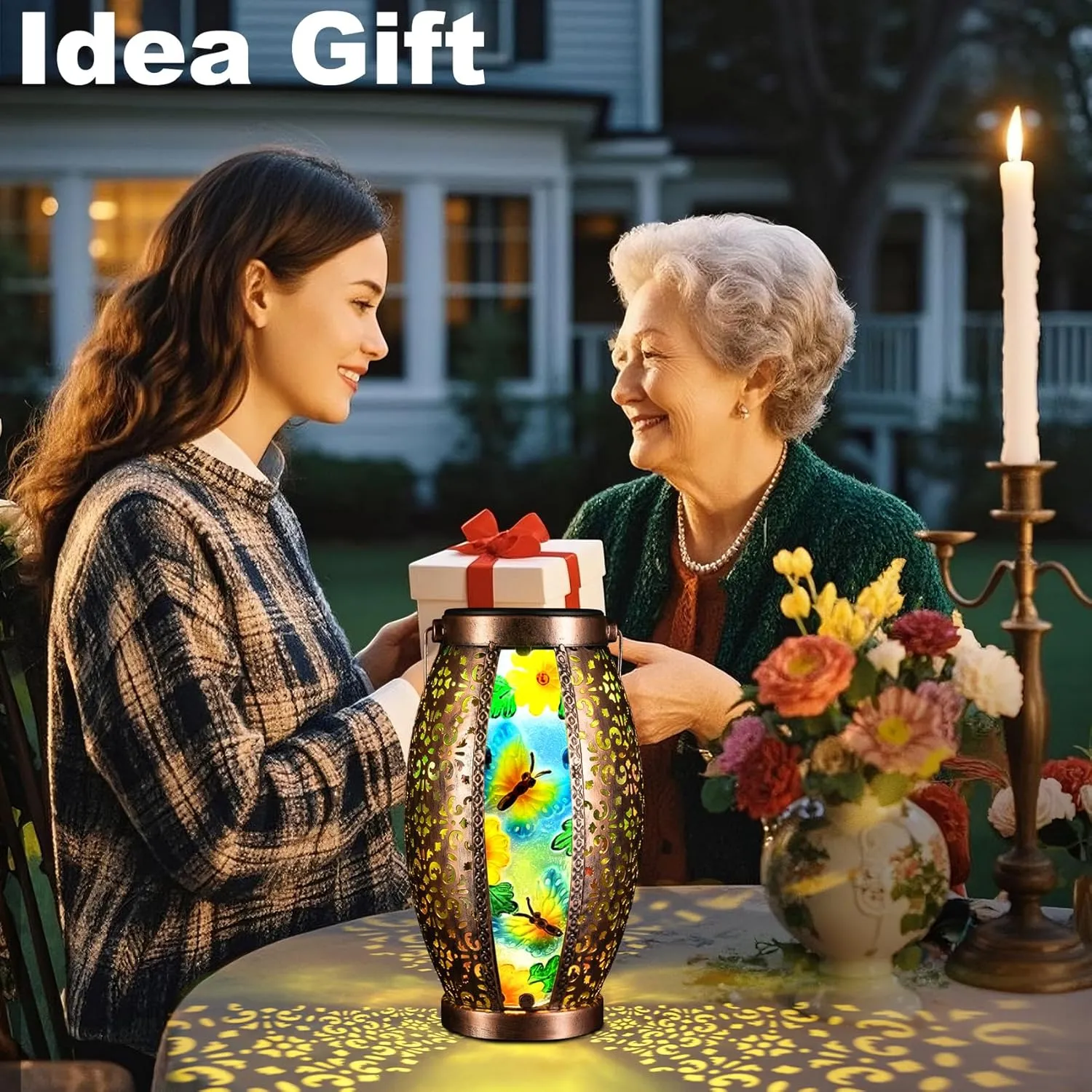 Large Butterfly Outdoor Solar Lanterns Glass & Metal Tabletop Lamp with Hollowed-Out Design Waterproof Hanging Light for Garden Patio Mother's Day Gift, 7" W x 15.3" H