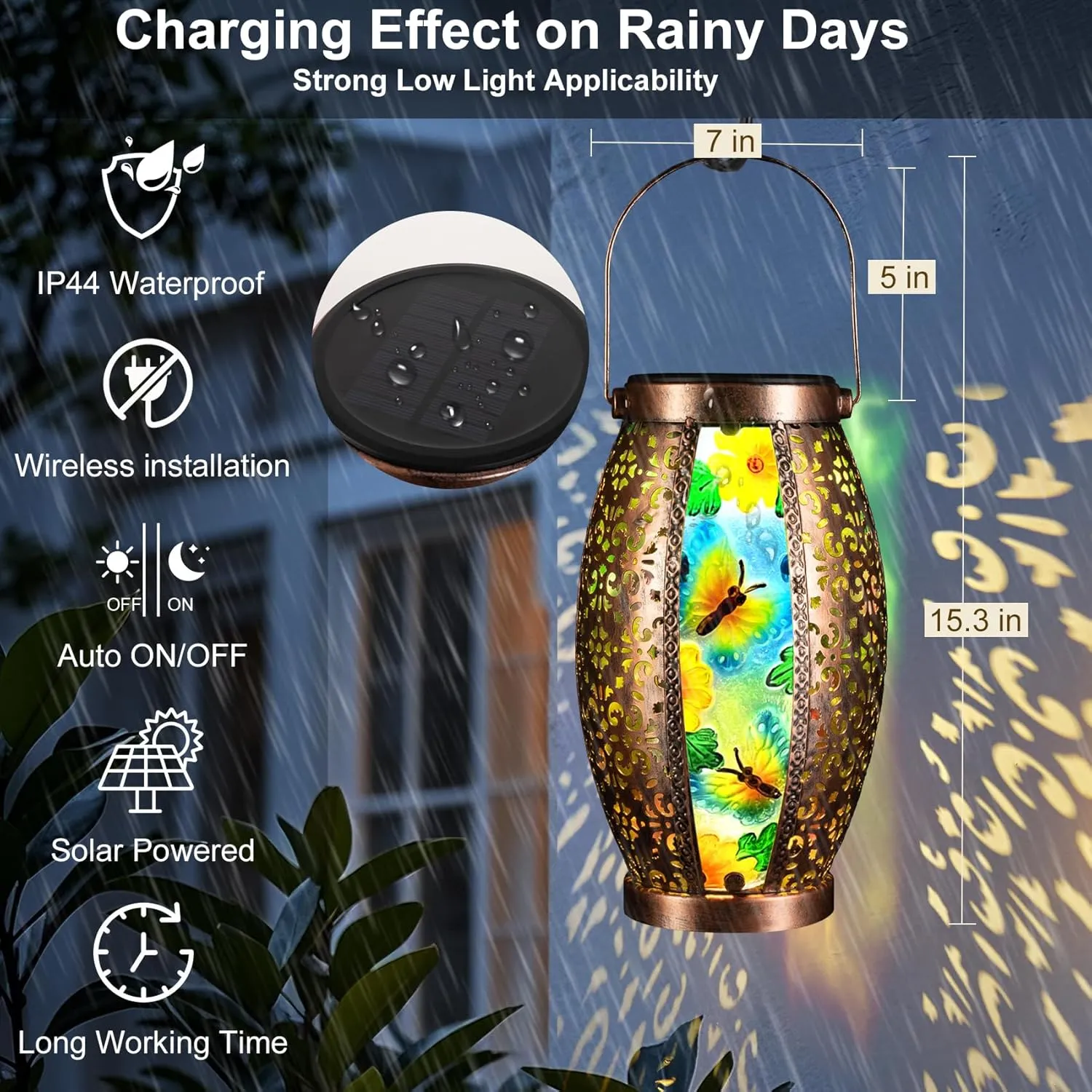Large Butterfly Outdoor Solar Lanterns Glass & Metal Tabletop Lamp with Hollowed-Out Design Waterproof Hanging Light for Garden Patio Mother's Day Gift, 7" W x 15.3" H