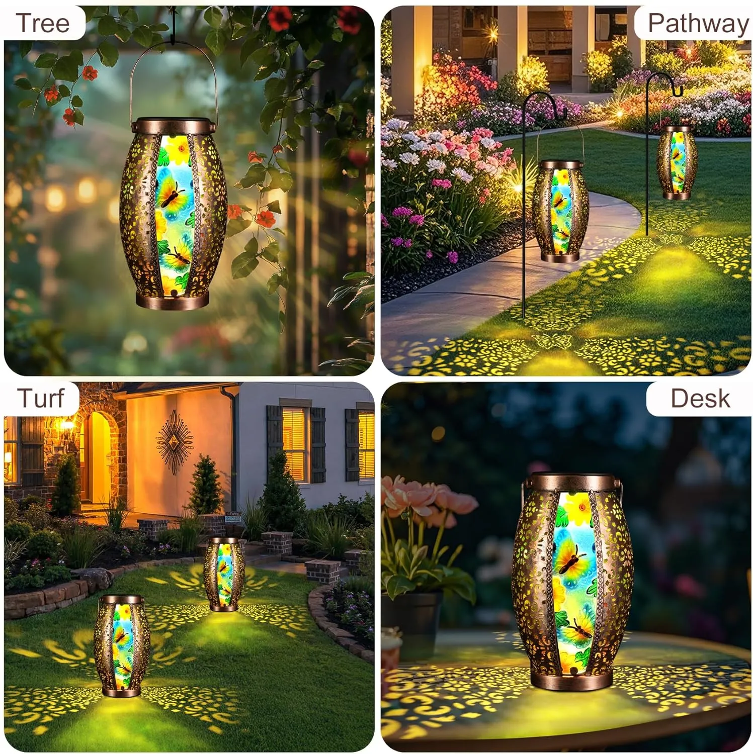 Large Butterfly Outdoor Solar Lanterns Glass & Metal Tabletop Lamp with Hollowed-Out Design Waterproof Hanging Light for Garden Patio Mother's Day Gift, 7" W x 15.3" H