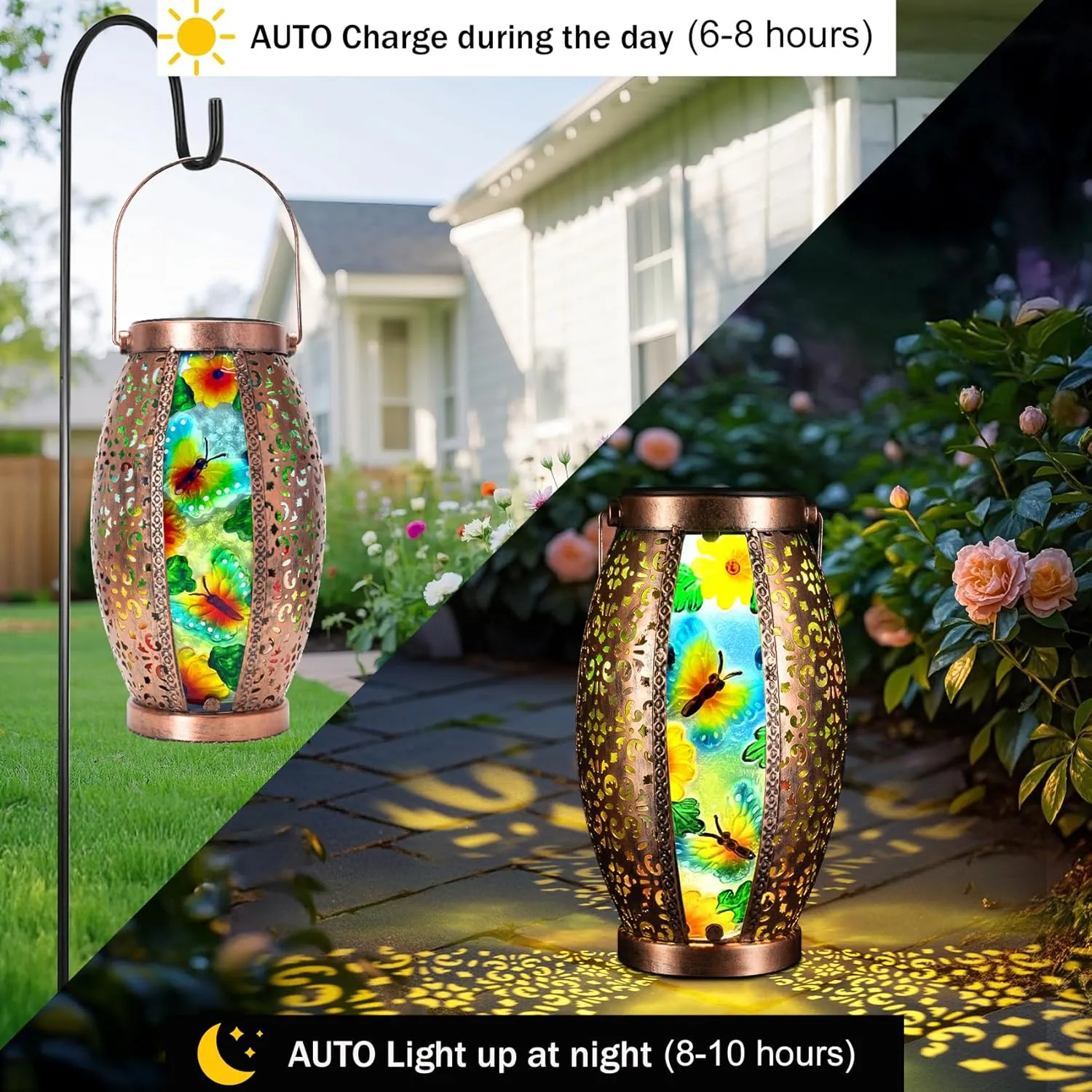 Large Butterfly Outdoor Solar Lanterns Glass & Metal Tabletop Lamp with Hollowed-Out Design Waterproof Hanging Light for Garden Patio Mother's Day Gift, 7" W x 15.3" H