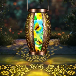 Large Butterfly Outdoor Solar Lanterns Glass & Metal Tabletop Lamp with Hollowed-Out Design Waterproof Hanging Light for Garden Patio Mother's Day Gift, 7" W x 15.3" H