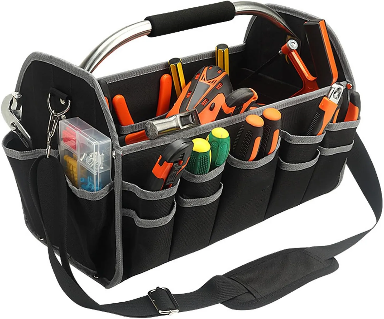 Large Capacity Electrician Tool Bag, Multifunctional Portable with Steel Handle, Base and Adjustable Shoulder Straps for Electricians, Plumbers, Woodworkers, Craftsmen