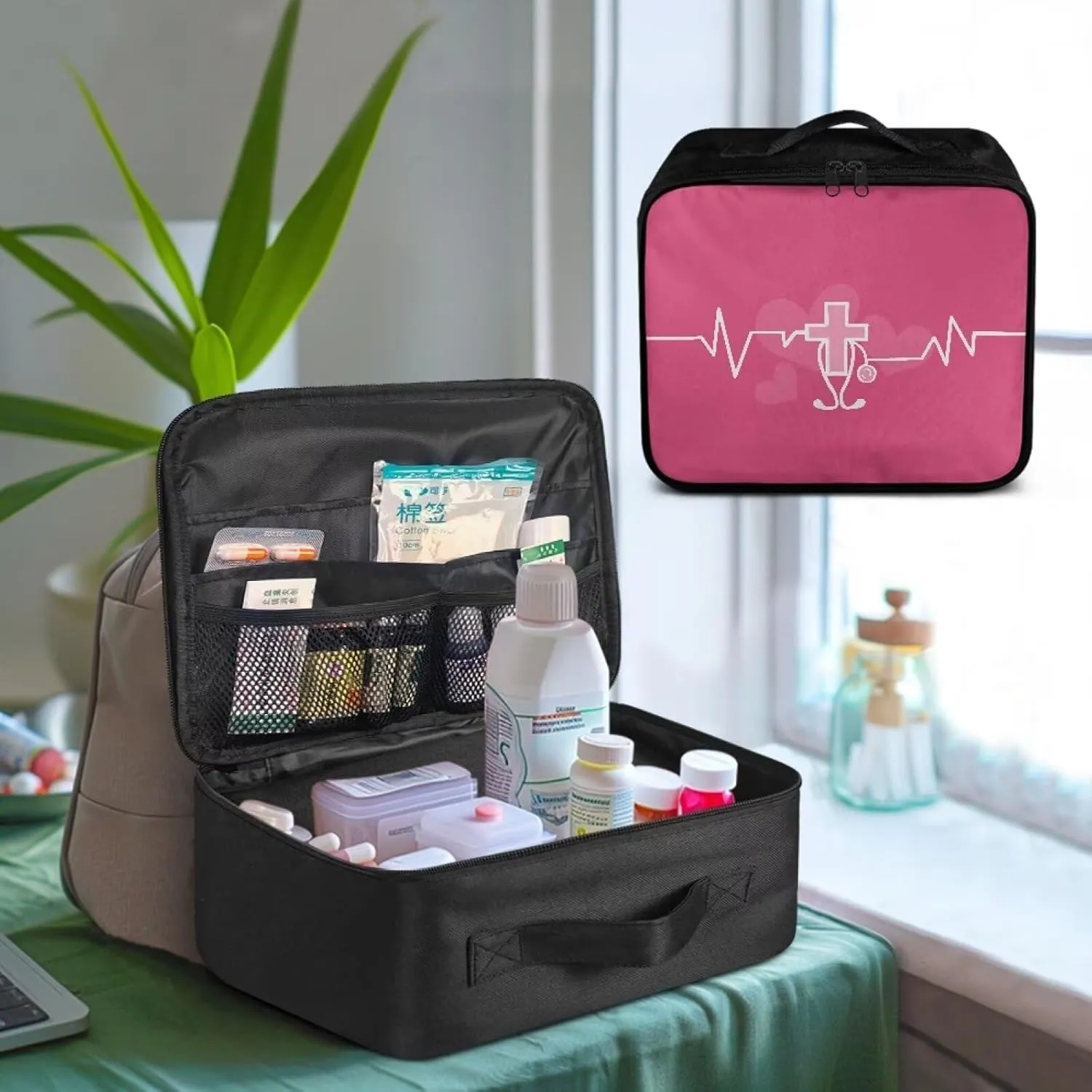 Large First Aid Bag Empty Pink Cross Emergency First Aid Kit Pouch Empty Portable Medical Bag First Aid Pouch for School Car Outdoor Camping Hiking Travel Emergency Organizer
