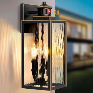 Large Motion Sensor Outdoor Wall Light, Waterproof Exterior Wall Sconce Light Fixture with Water-Rippled Glass, Bronze Modern Outside Wall Lantern for House, Porch, Patio, Garage, Bulbs Not Included